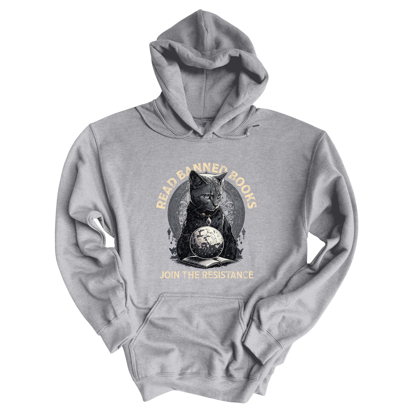Sport Grey color unisex hoodie with a graphic of a cat sitting over a globe and an open book. The text says “Read banned books” arched over the top of the cat and “Join the resistance” in a line under the graphic. The text is in all caps.
