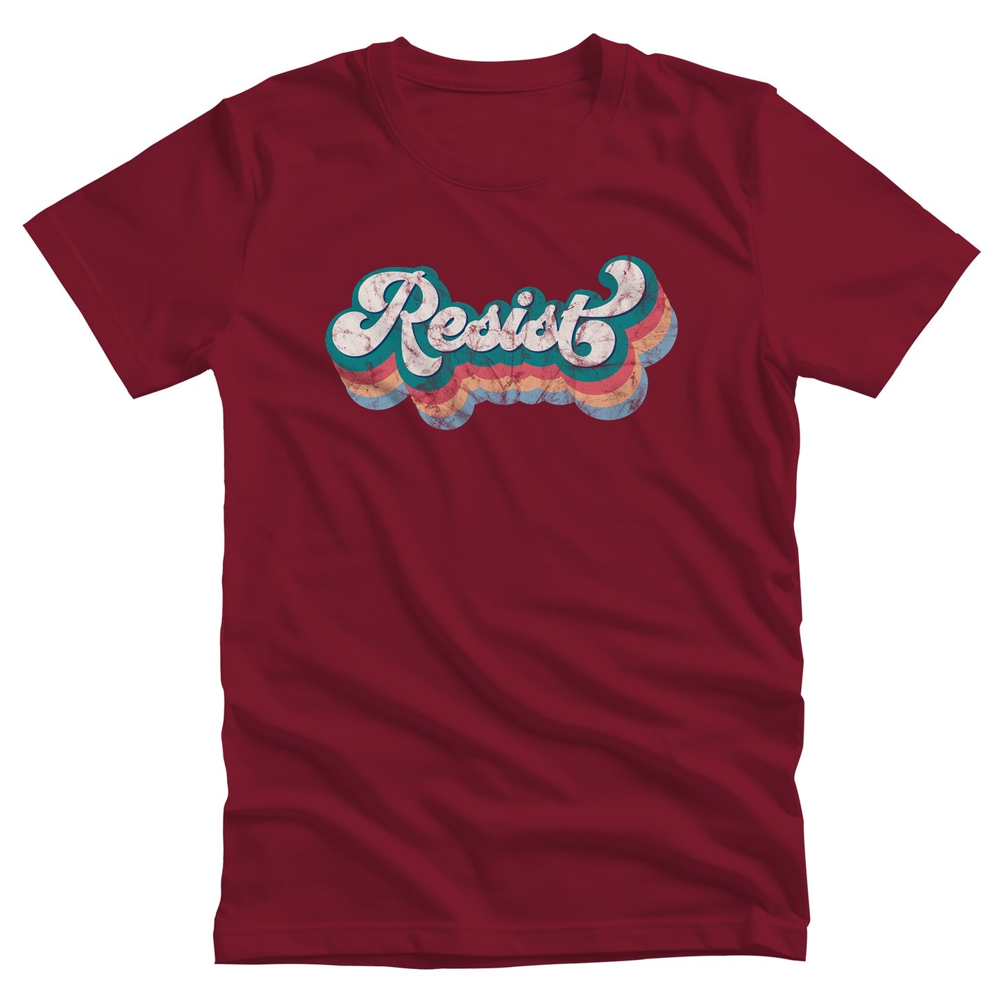 Cardinal color unisex t-shirt that says, “Resist” in a script font and is thickly outlined with four colors that have been shifted downward to give it a retro feel. The colors are blue-green, dark pink, beige, and light blue.