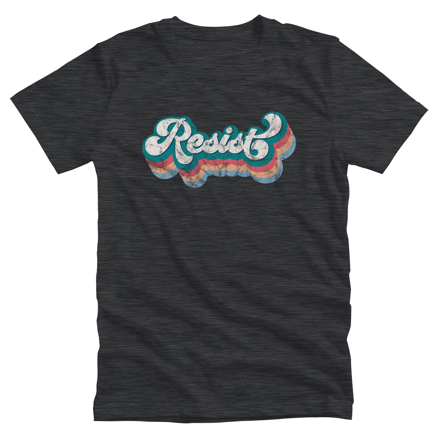 Dark Grey Heather color unisex t-shirt that says, “Resist” in a script font and is thickly outlined with four colors that have been shifted downward to give it a retro feel. The colors are blue-green, dark pink, beige, and light blue.