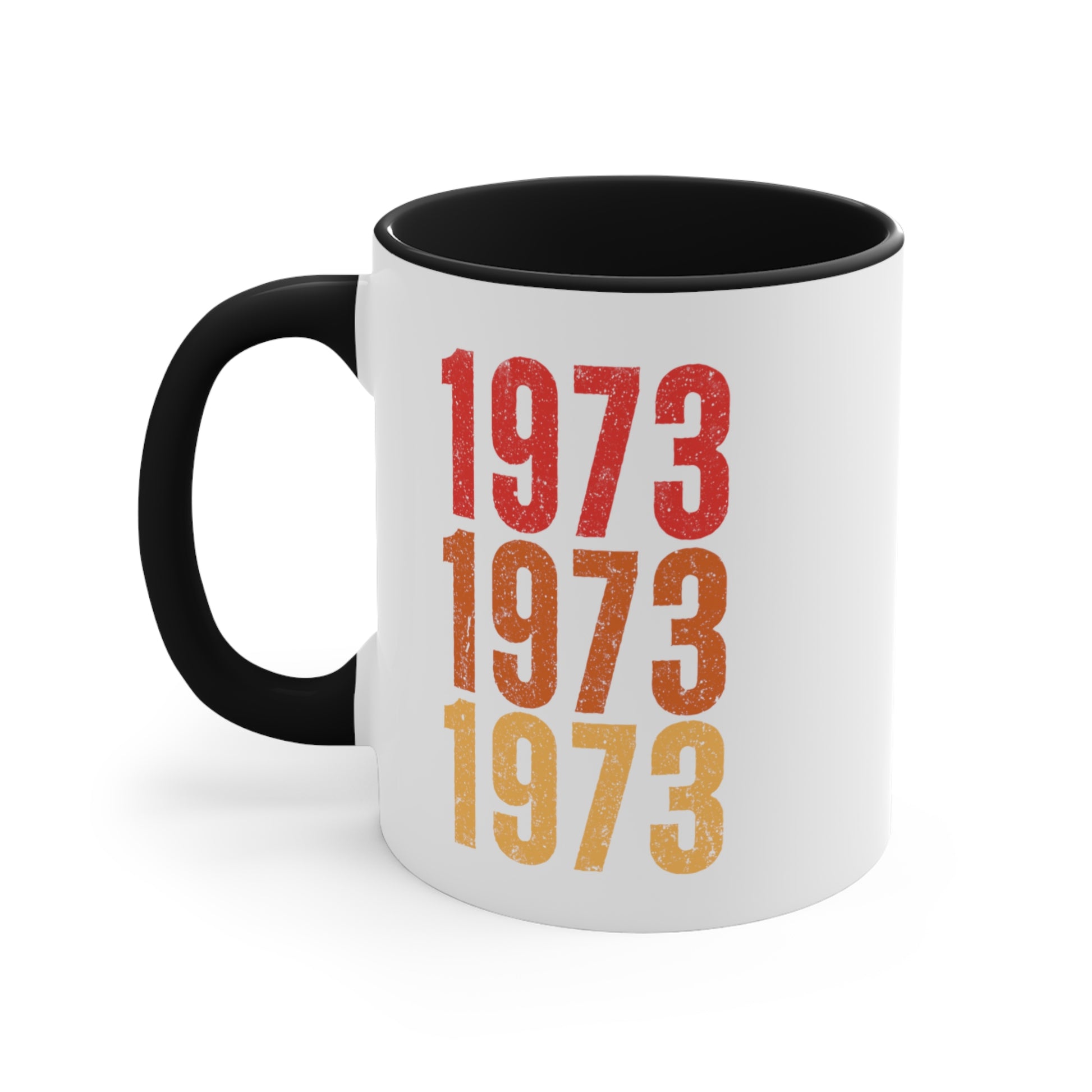 11oz ceramic mug with a black interior and handle featuring retro-inspired colors and slight distressing, repeated three times in distinct rows.