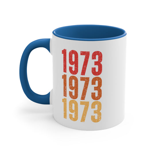 11oz ceramic mug with a blue interior and handle featuring retro-inspired colors and slight distressing, repeated three times in distinct rows.