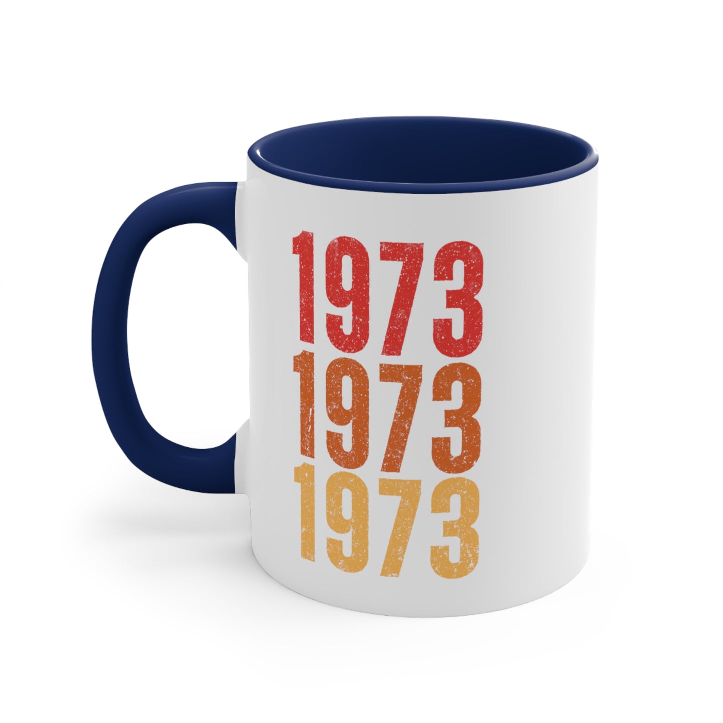 11oz ceramic mug with a navy interior and handle featuring retro-inspired colors and slight distressing, repeated three times in distinct rows.