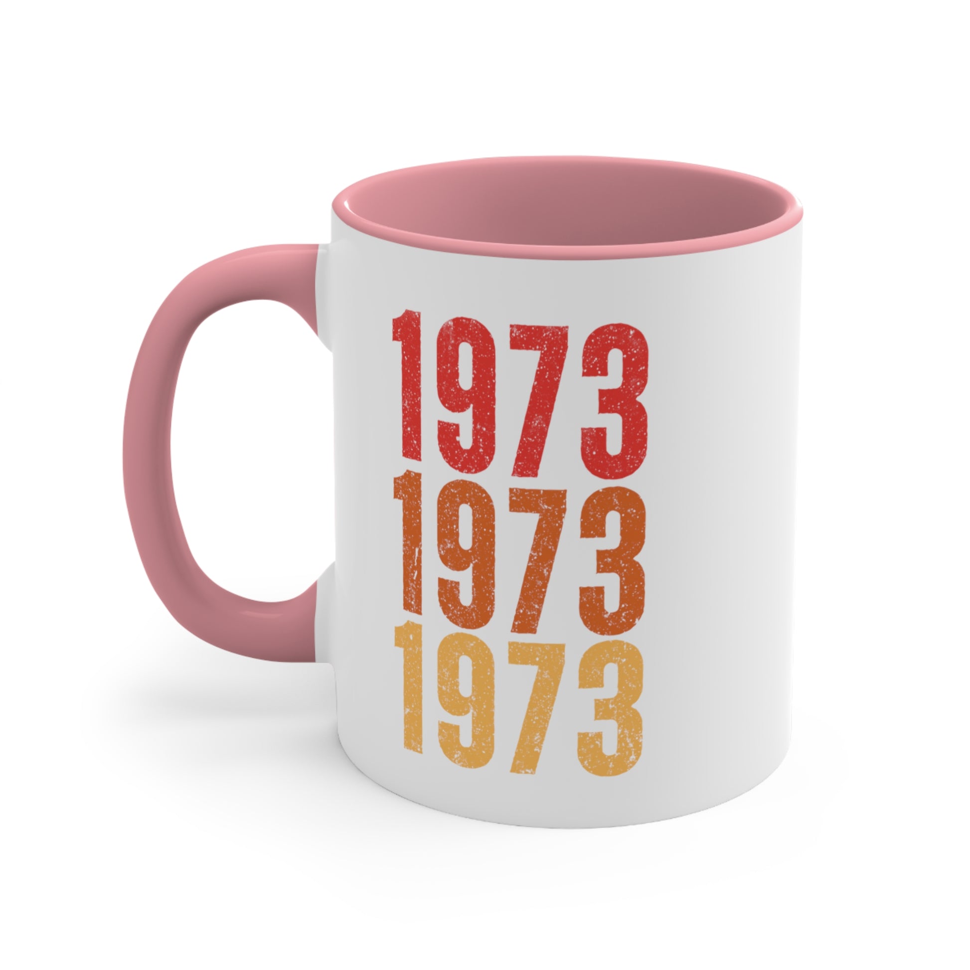 11oz ceramic mug with a pink interior and handle featuring retro-inspired colors and slight distressing, repeated three times in distinct rows.