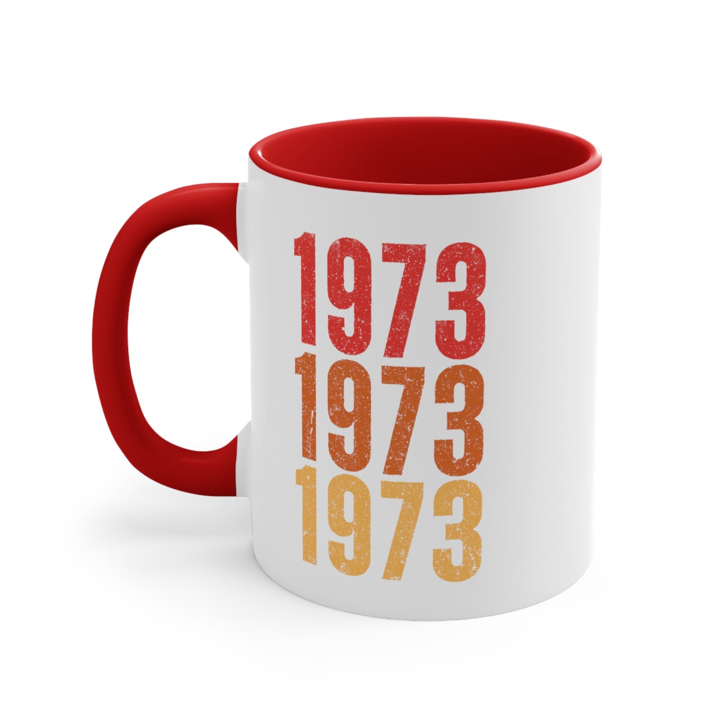 11oz ceramic mug with a red interior and handle featuring retro-inspired colors and slight distressing, repeated three times in distinct rows.