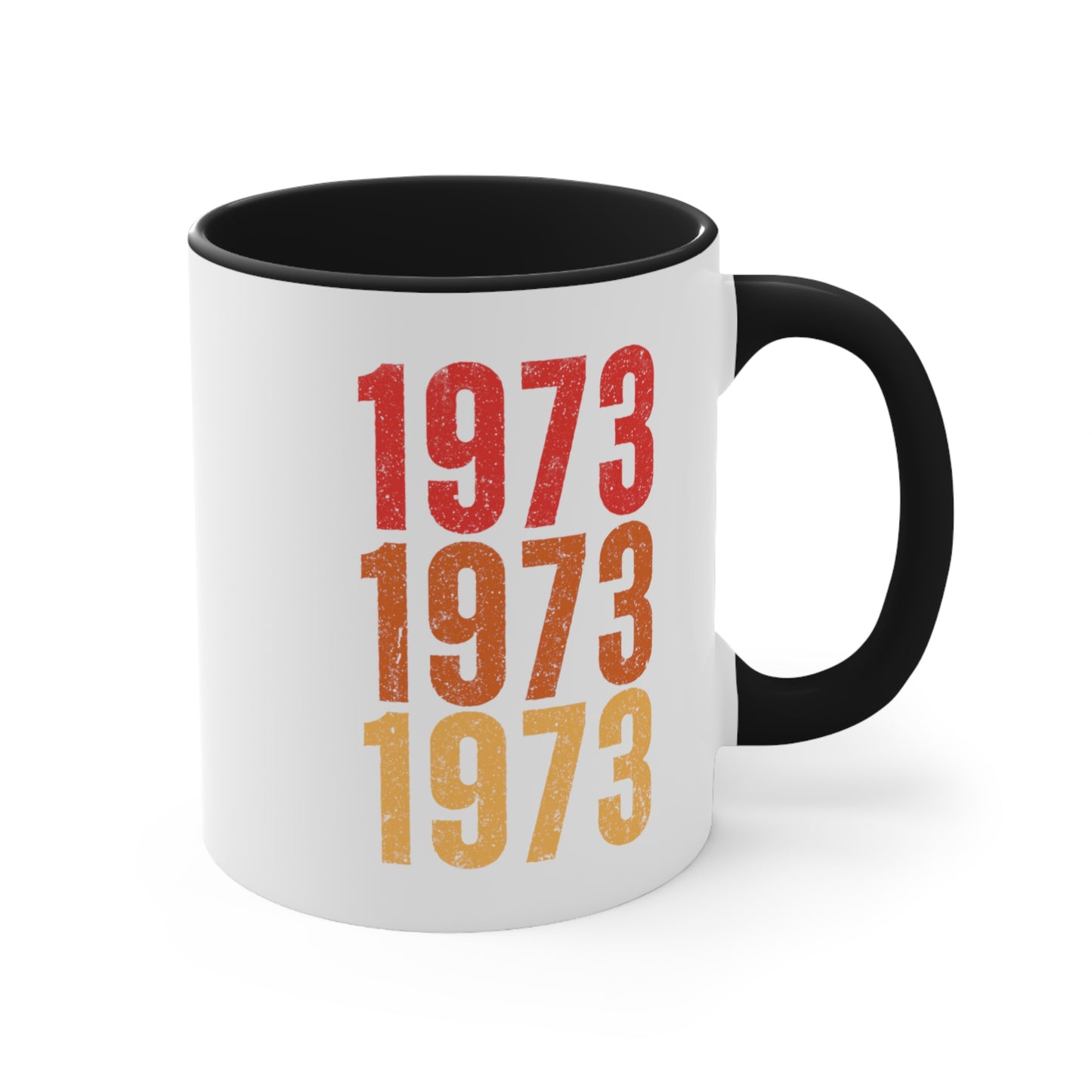 11oz ceramic mug with a black interior and handle featuring retro-inspired colors and slight distressing, repeated three times in distinct rows.