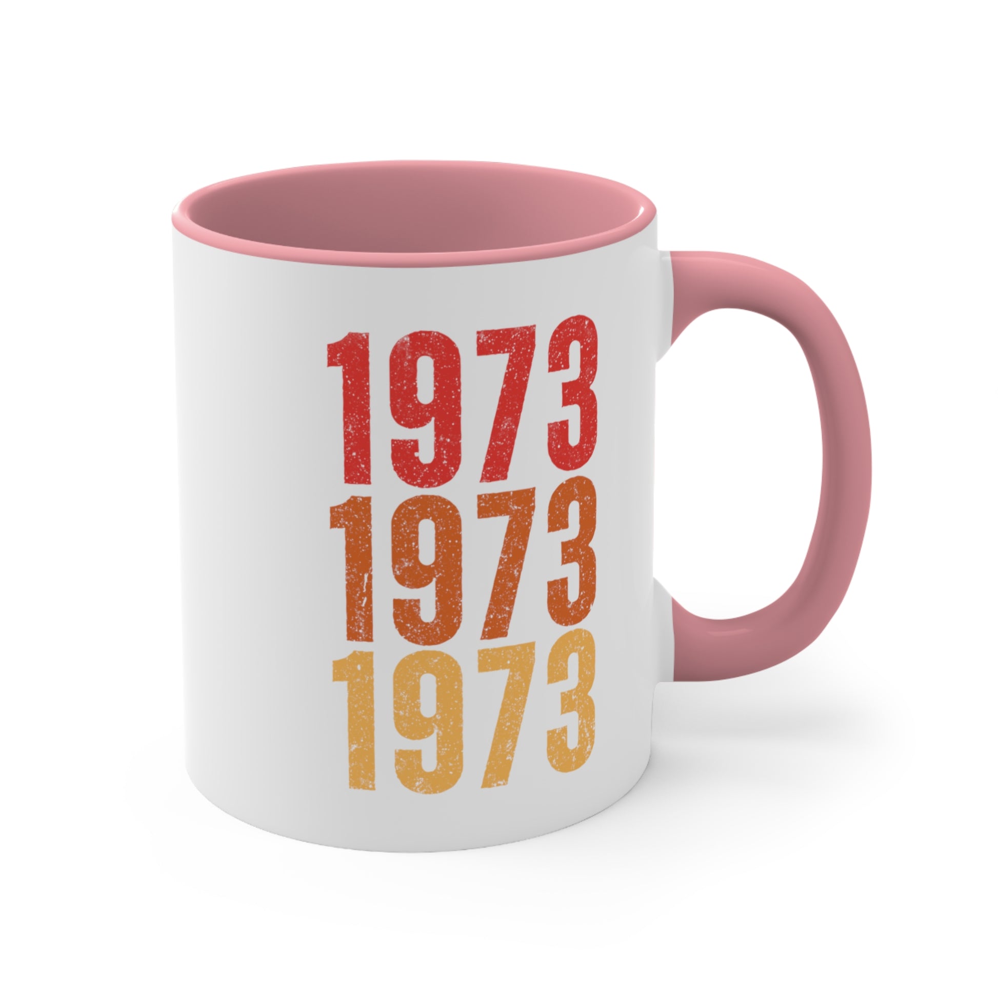 11oz ceramic mug with a pink interior and handle featuring retro-inspired colors and slight distressing, repeated three times in distinct rows.