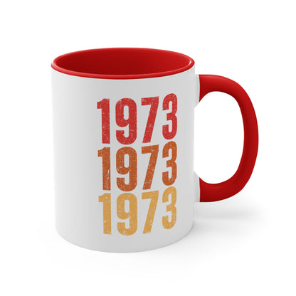 11oz ceramic mug with a red interior and handle featuring retro-inspired colors and slight distressing, repeated three times in distinct rows.