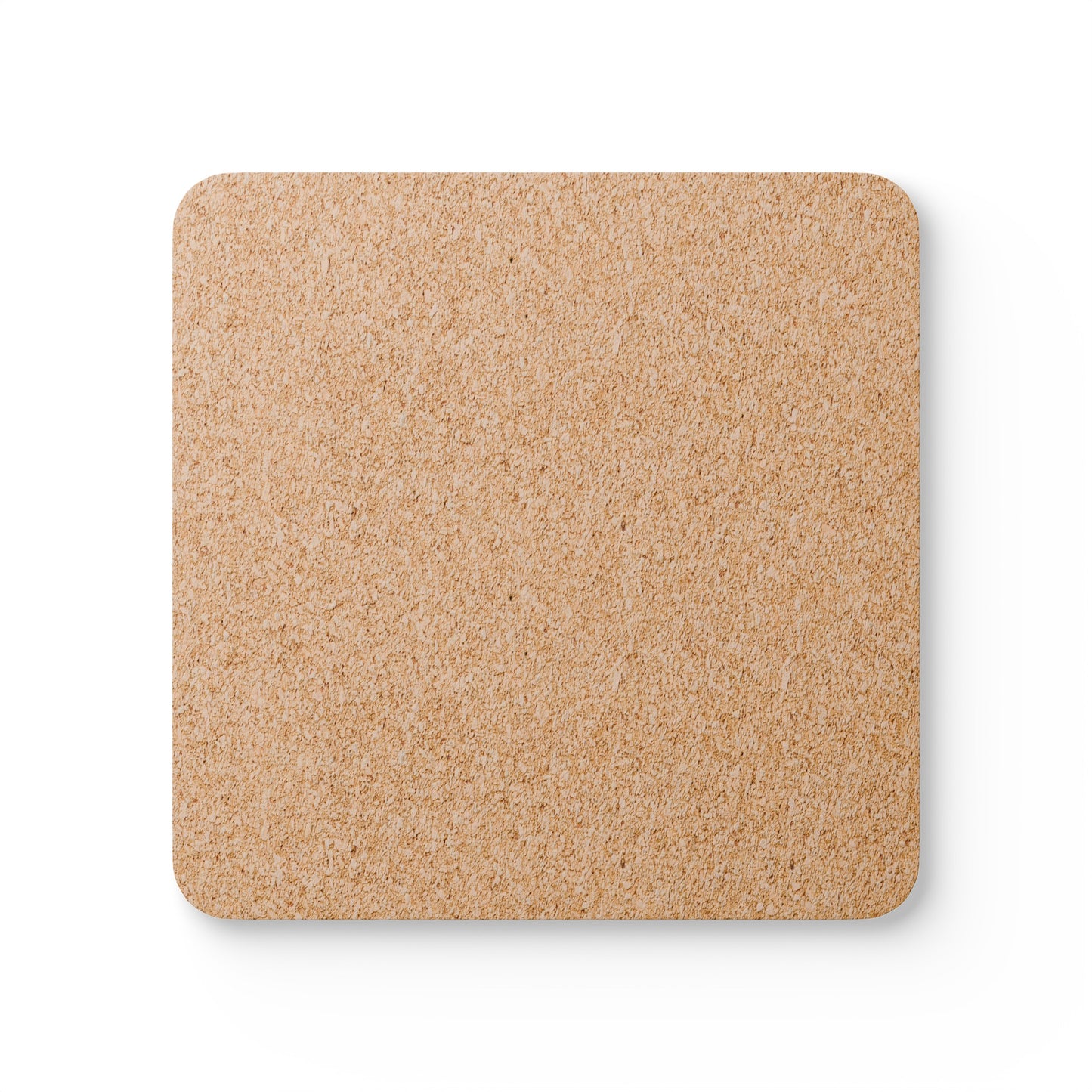 The back (cork side) of a 4x4 inch cork-back 4-piece square coaster set. Not shown in the image is the design on the front which features retro-inspired colors and slight distressing, repeated three times in distinct rows.