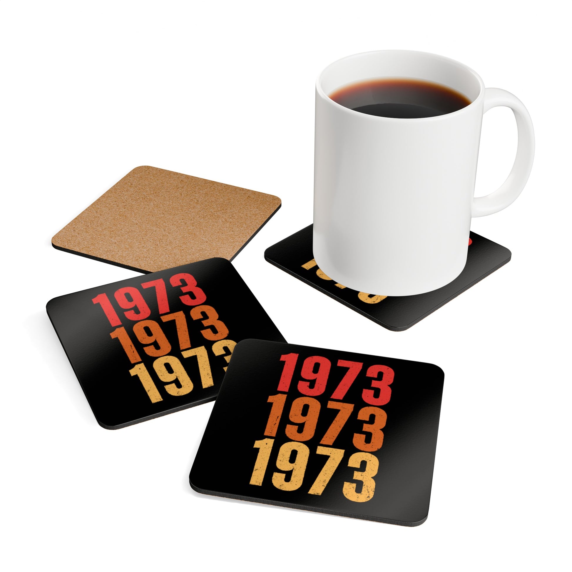 Contextual photo of a 4x4 inch cork-back 4-piece square coaster set featuring retro-inspired colors and slight distressing, repeated three times in distinct rows. There is a white mug sitting on one of the coasters, with another coaster flipped over showing the back, which is cork.