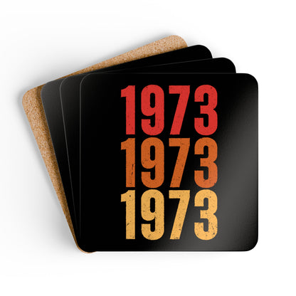 4x4 inch cork-back 4-piece square coaster set featuring retro-inspired colors and slight distressing, repeated three times in distinct rows.