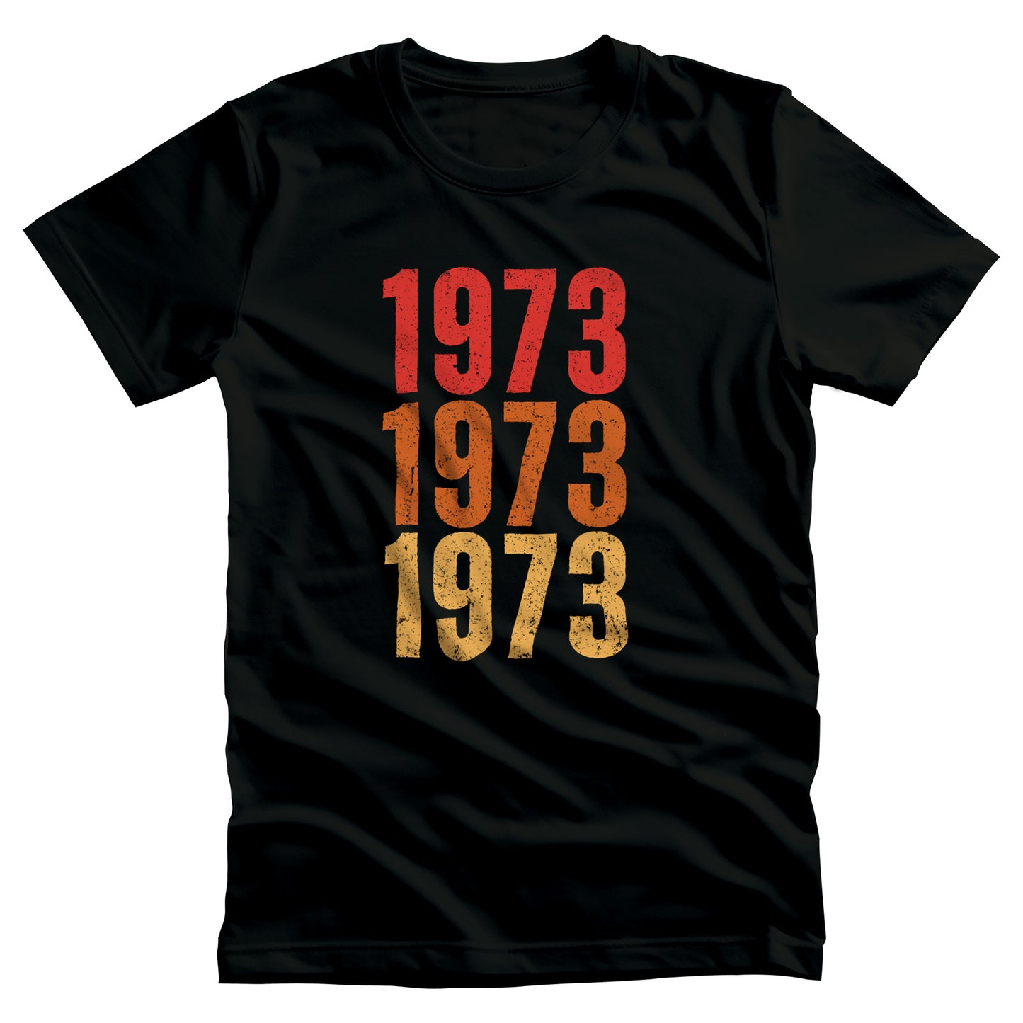 Black color vintage-style unisex t-shirt with ‘1973” on the front, featuring retro-inspired colors and slight distressing, repeated three times in distinct rows.