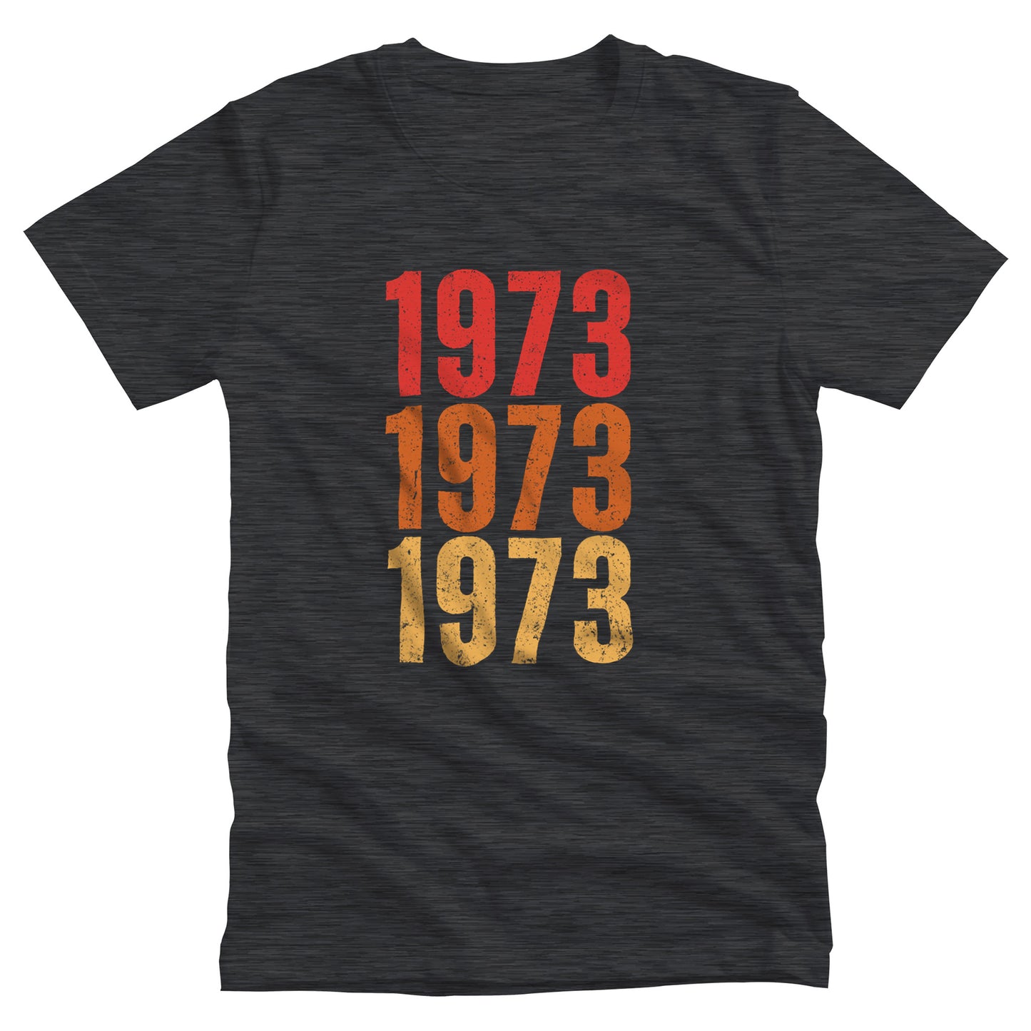 Dark Grey Heather color vintage-style unisex t-shirt with ‘1973” on the front, featuring retro-inspired colors and slight distressing, repeated three times in distinct rows.