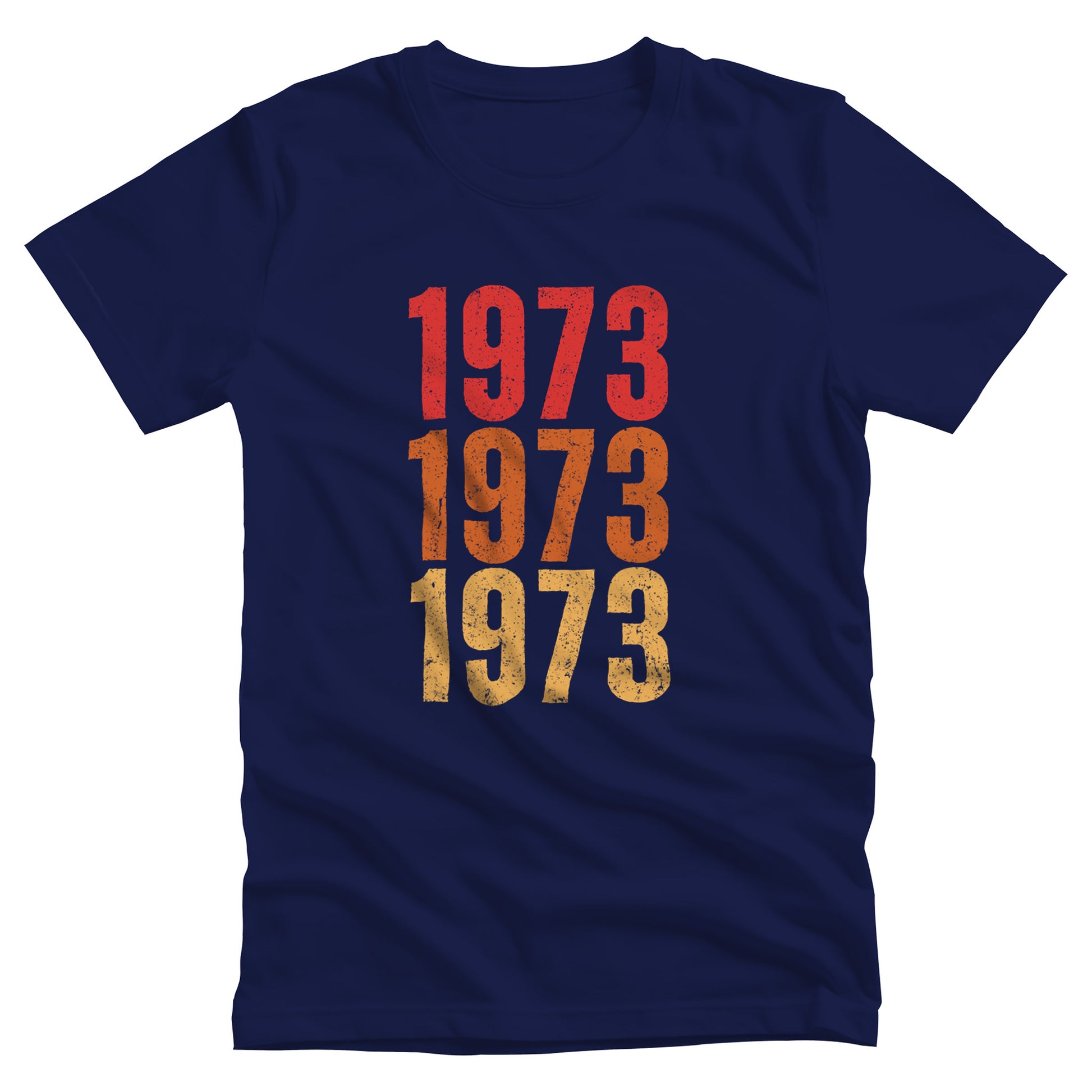 Navy color vintage-style unisex t-shirt with ‘1973” on the front, featuring retro-inspired colors and slight distressing, repeated three times in distinct rows.