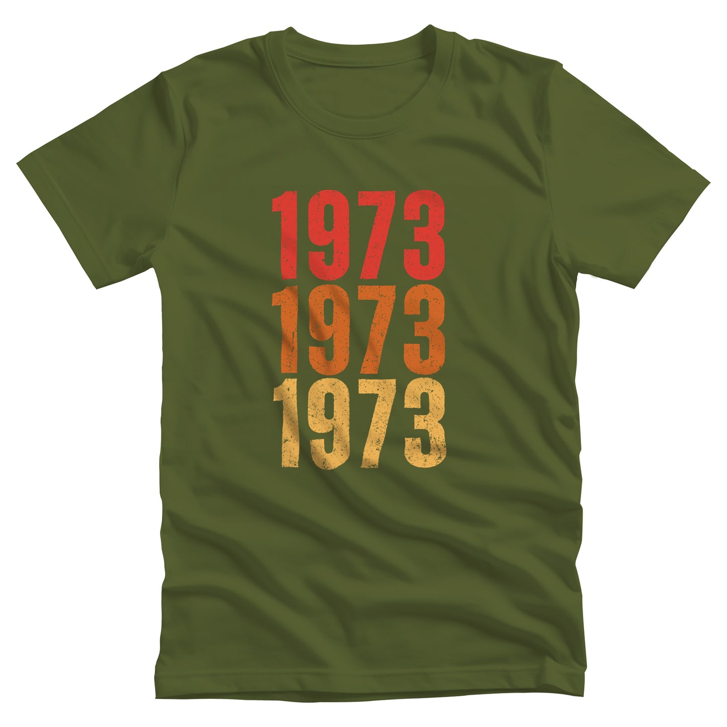 Olive color vintage-style unisex t-shirt with ‘1973” on the front, featuring retro-inspired colors and slight distressing, repeated three times in distinct rows.