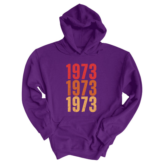 Purple color vintage-style hoodie with ‘1973” on the front, featuring retro-inspired colors and slight distressing, repeated three times in distinct rows.