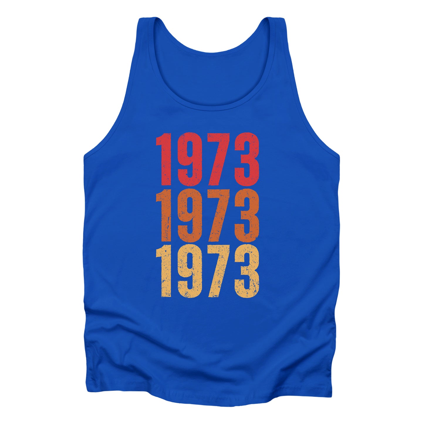 True Royal color vintage-style unisex tank top with ‘1973” on the front, featuring retro-inspired colors and slight distressing, repeated three times in distinct rows.