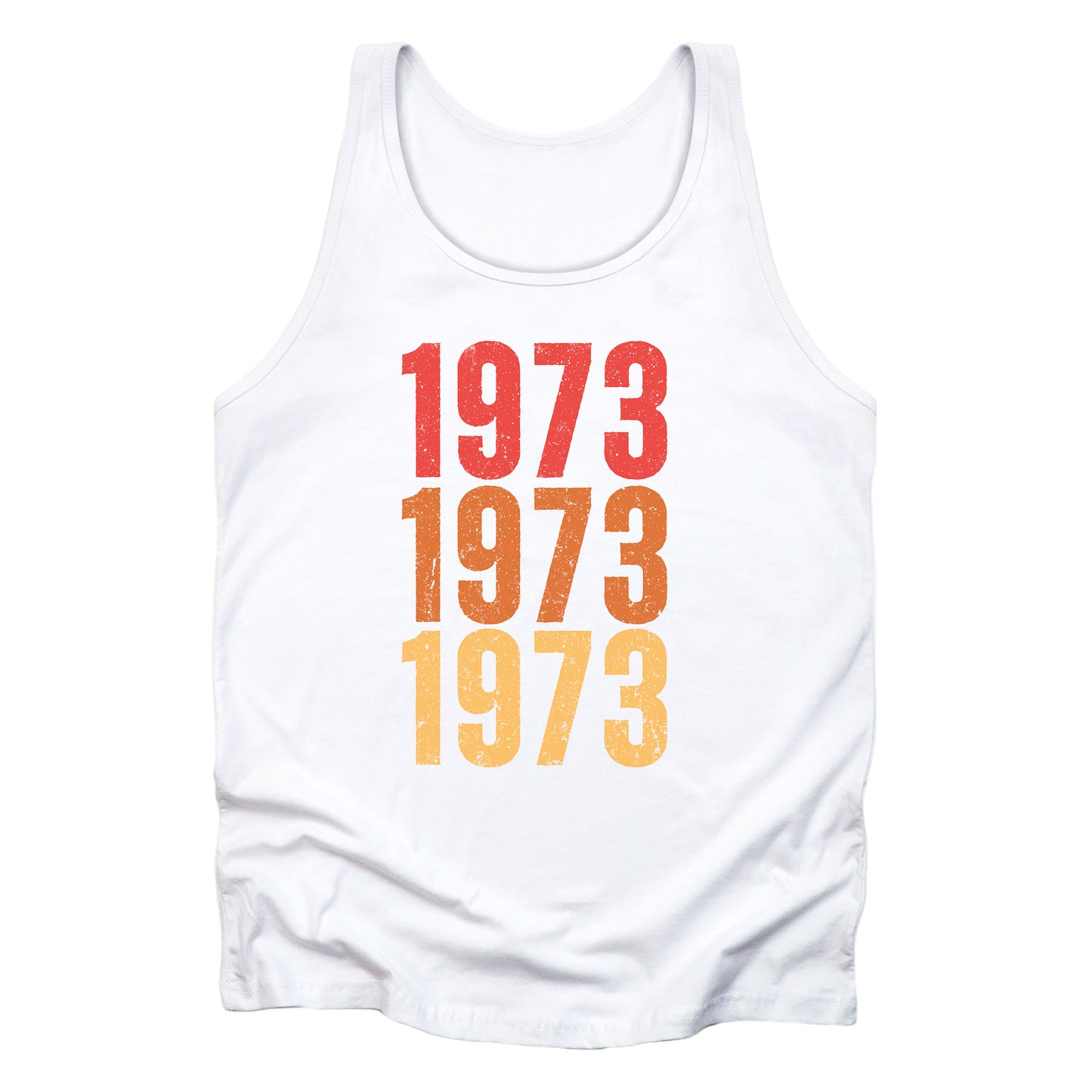 White color vintage-style unisex tank top with ‘1973” on the front, featuring retro-inspired colors and slight distressing, repeated three times in distinct rows.