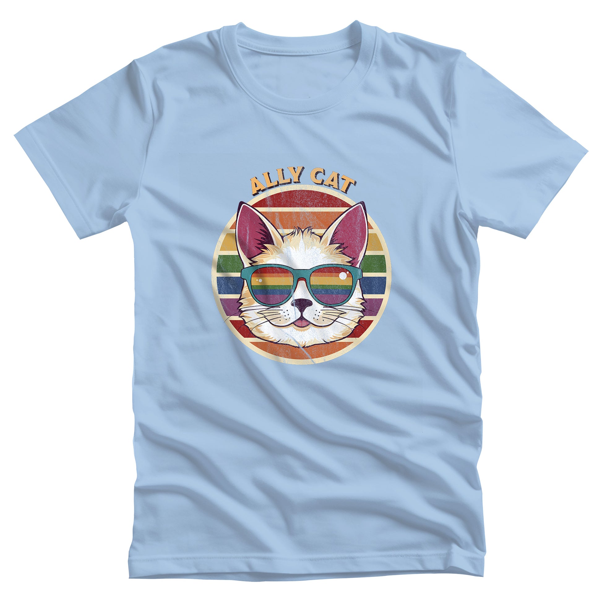 Baby Blue color unisex t-shirt with a circular retro-inspired image of a cat wearing rainbow sunglasses with a retro sunset made from parallel lines behind it. The text reads “ALLY CAT” in all caps, arched over the image. The graphic has a retro, worn texture.