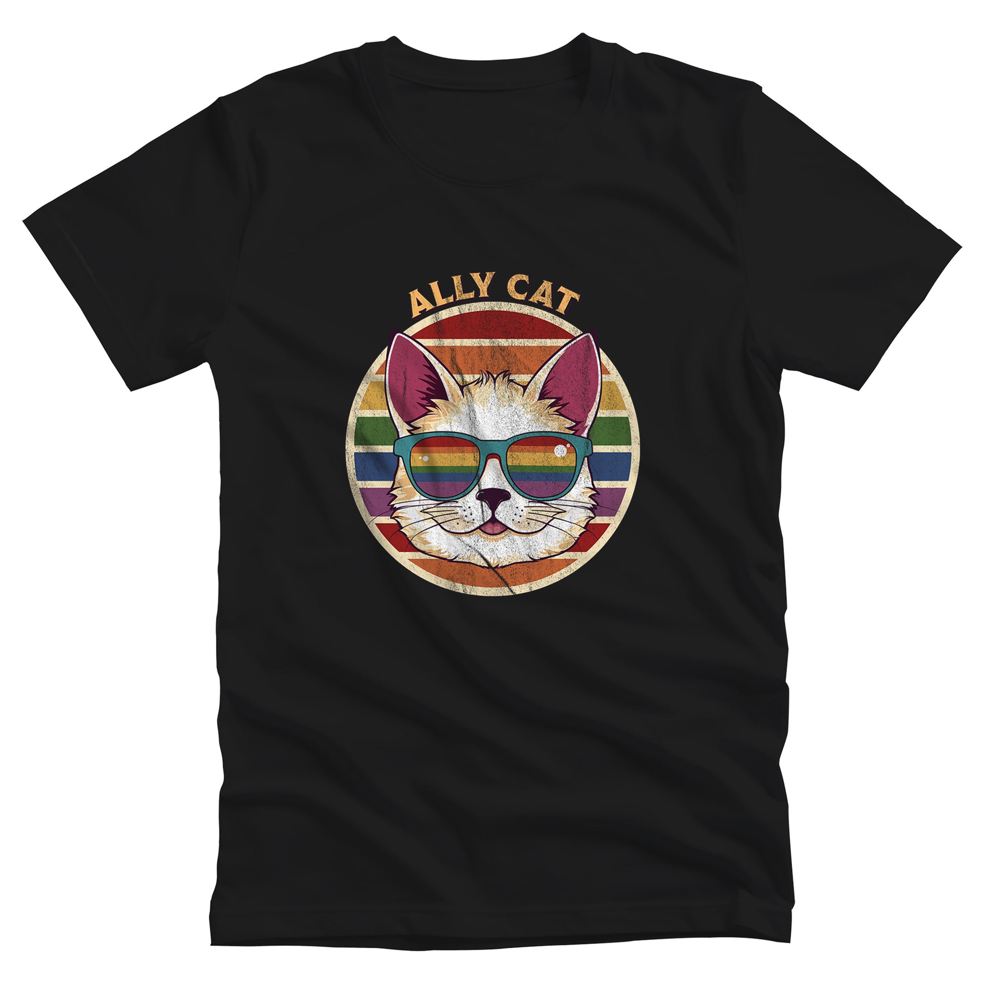 Black unisex t-shirt with a circular retro-inspired image of a cat wearing rainbow sunglasses with a retro sunset made from parallel lines behind it. The text reads “ALLY CAT” in all caps, arched over the image. The graphic has a retro, worn texture.