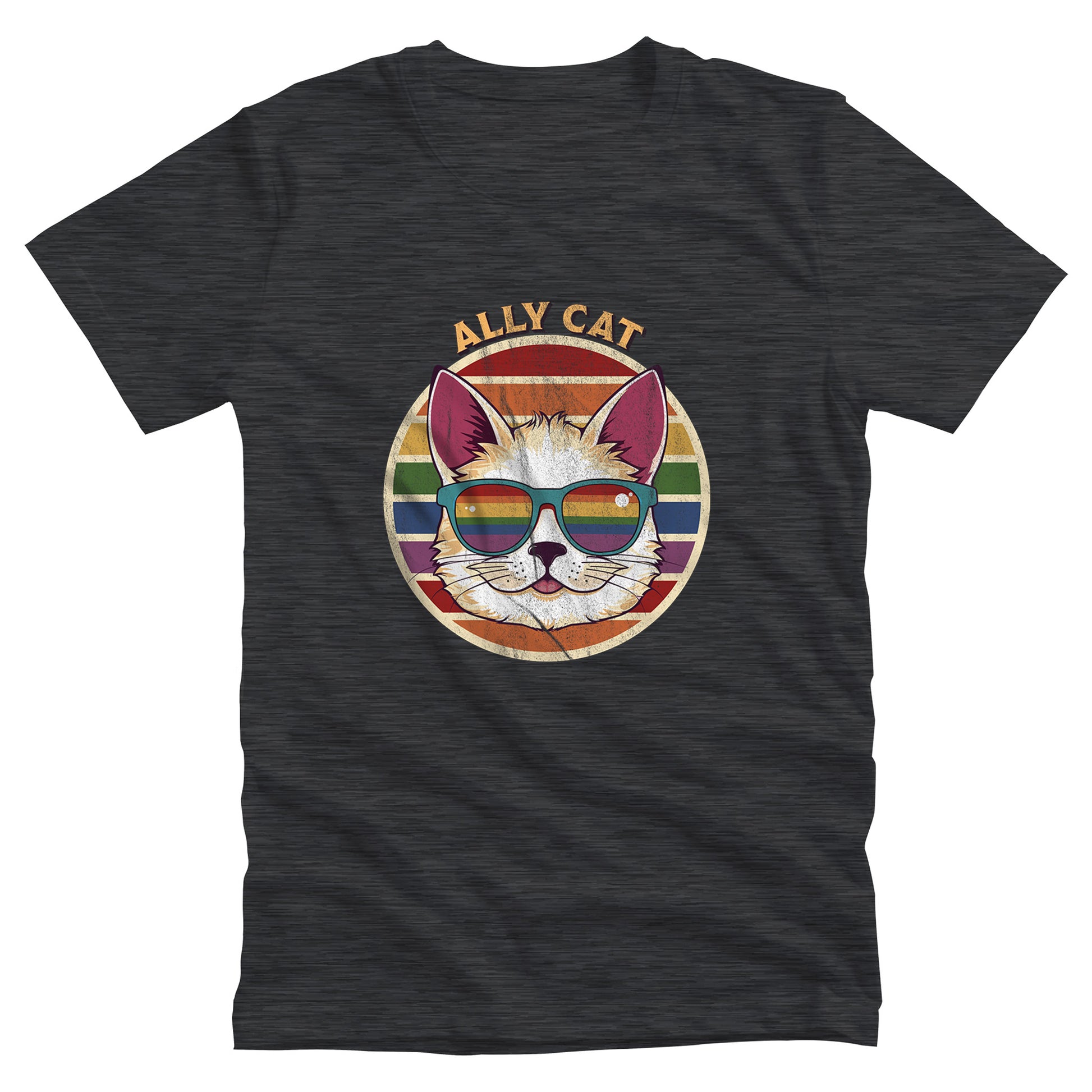 Dark Grey Heather color unisex t-shirt with a circular retro-inspired image of a cat wearing rainbow sunglasses with a retro sunset made from parallel lines behind it. The text reads “ALLY CAT” in all caps, arched over the image. The graphic has a retro, worn texture.