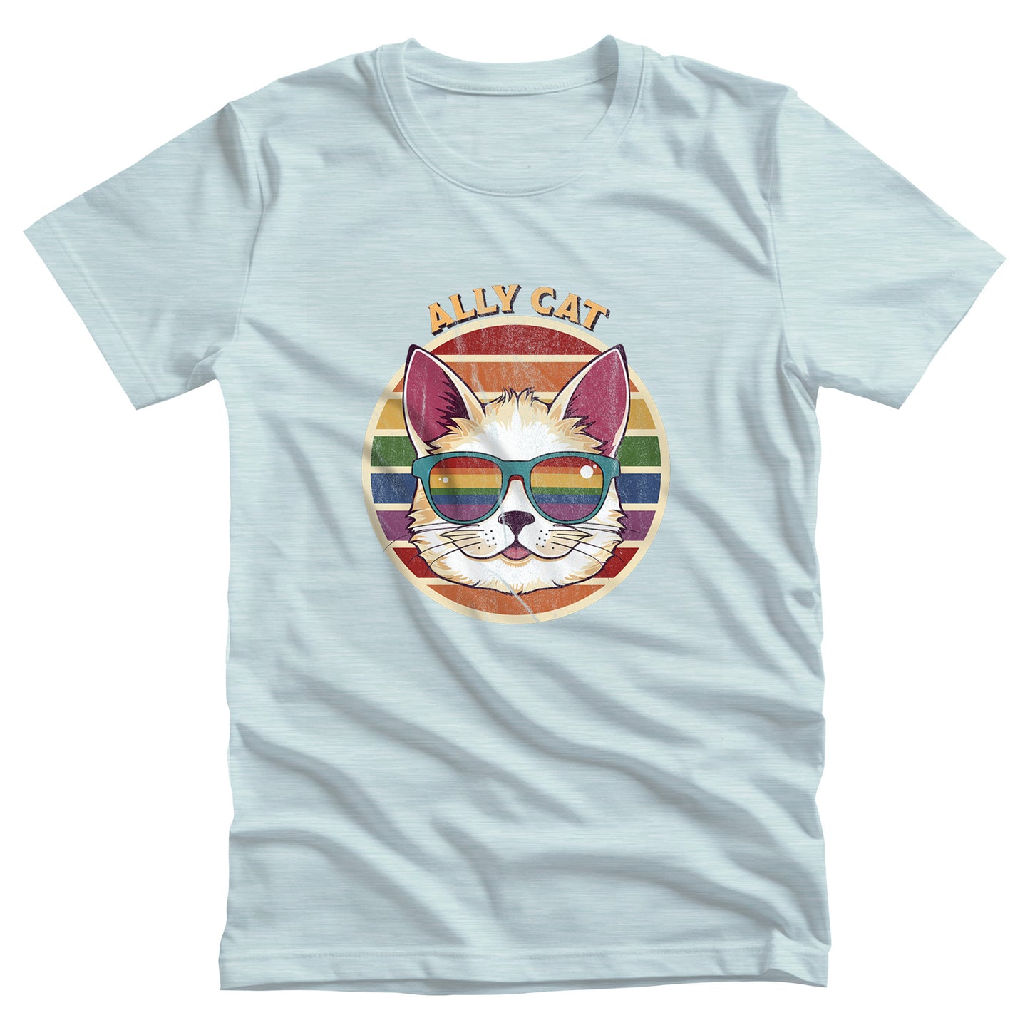 Heather Ice Blue color unisex t-shirt with a circular retro-inspired image of a cat wearing rainbow sunglasses with a retro sunset made from parallel lines behind it. The text reads “ALLY CAT” in all caps, arched over the image. The graphic has a retro, worn texture.