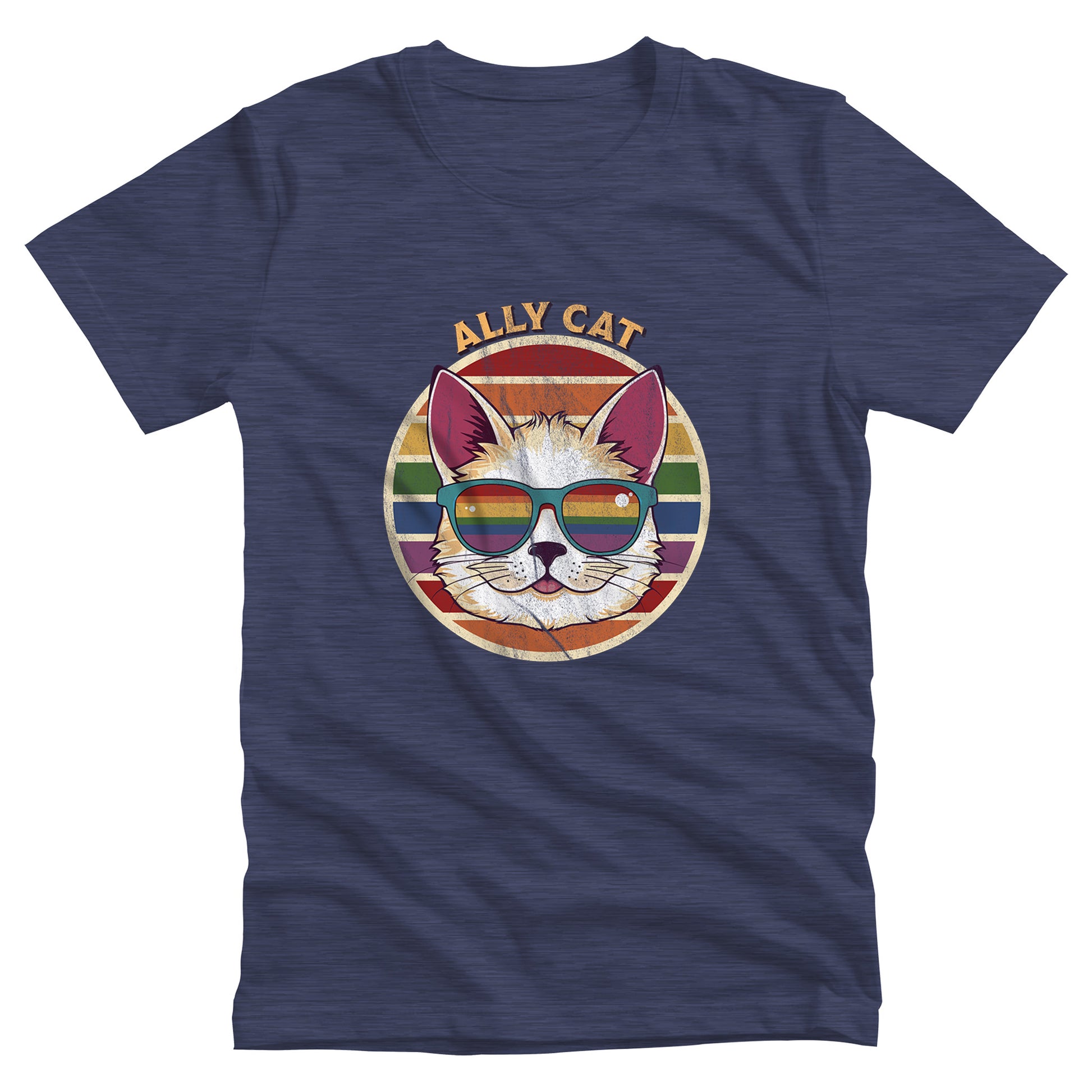 Heather Navy color unisex t-shirt with a circular retro-inspired image of a cat wearing rainbow sunglasses with a retro sunset made from parallel lines behind it. The text reads “ALLY CAT” in all caps, arched over the image. The graphic has a retro, worn texture.