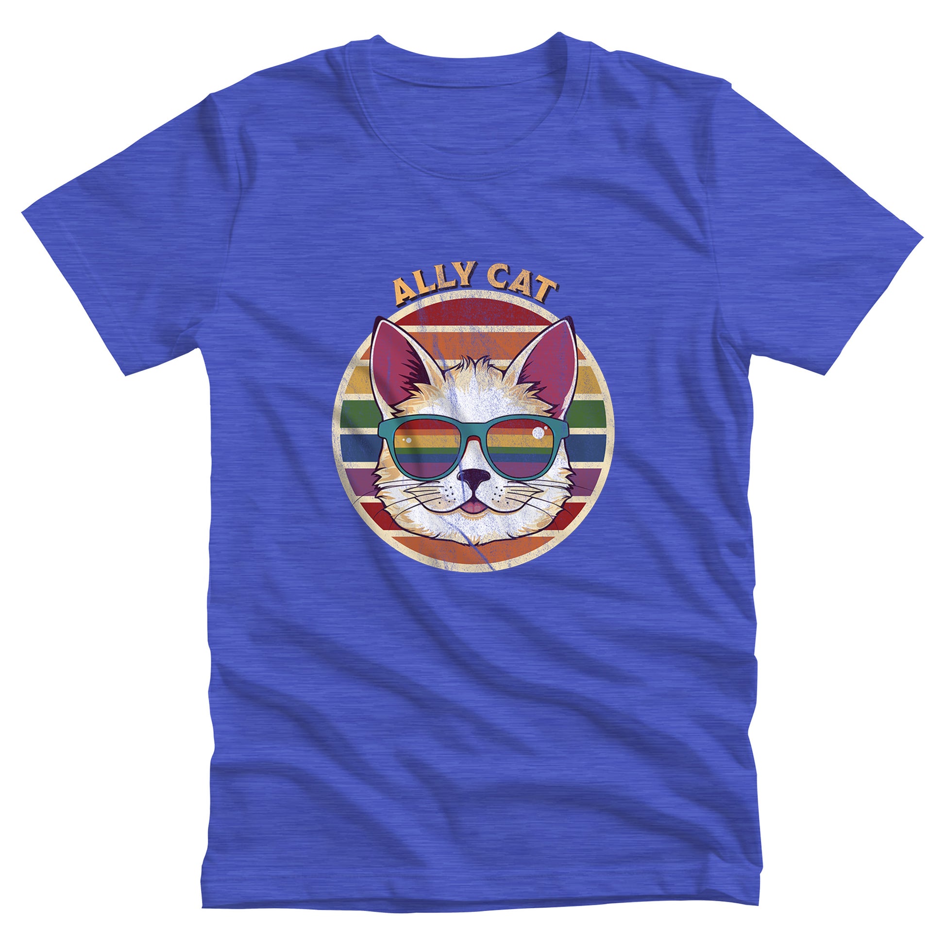 Heather True Royal color unisex t-shirt with a circular retro-inspired image of a cat wearing rainbow sunglasses with a retro sunset made from parallel lines behind it. The text reads “ALLY CAT” in all caps, arched over the image. The graphic has a retro, worn texture.