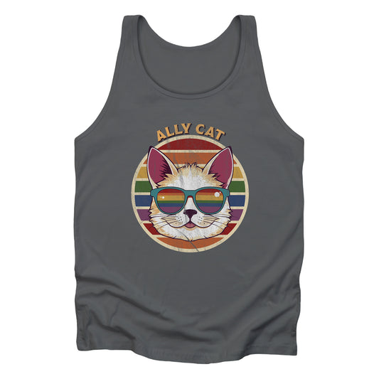 Asphalt color unisex tank top with a circular retro-inspired image of a cat wearing rainbow sunglasses with a retro sunset made from parallel lines behind it. The text reads “ALLY CAT” in all caps, arched over the image. The graphic has a retro, worn texture.