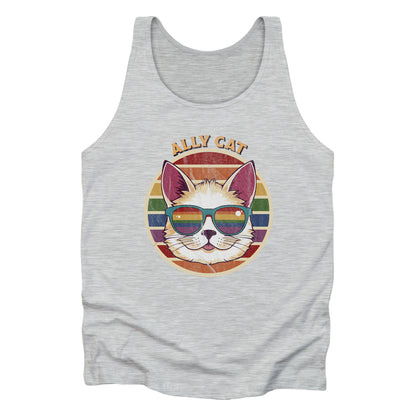 Athletic Heather color unisex tank top with a circular retro-inspired image of a cat wearing rainbow sunglasses with a retro sunset made from parallel lines behind it. The text reads “ALLY CAT” in all caps, arched over the image. The graphic has a retro, worn texture.