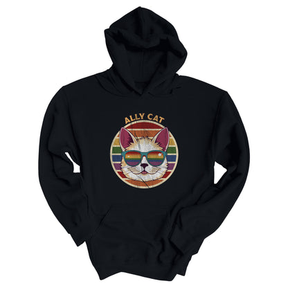 Black unisex hoodie with a circular retro-inspired image of a cat wearing rainbow sunglasses with a retro sunset made from parallel lines behind it. The text reads “ALLY CAT” in all caps, arched over the image. The graphic has a retro, worn texture.