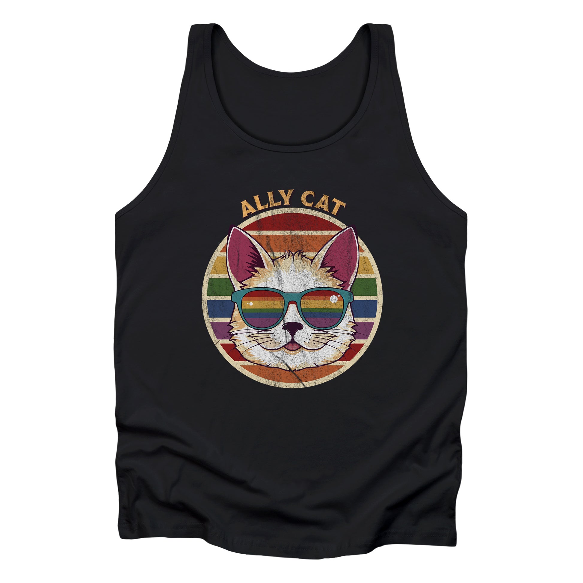 Black unisex tank top with a circular retro-inspired image of a cat wearing rainbow sunglasses with a retro sunset made from parallel lines behind it. The text reads “ALLY CAT” in all caps, arched over the image. The graphic has a retro, worn texture.