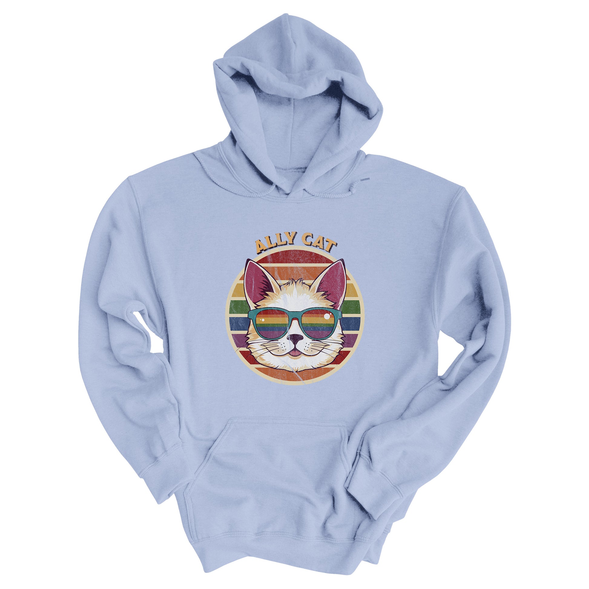 Light Blue unisex hoodie with a circular retro-inspired image of a cat wearing rainbow sunglasses with a retro sunset made from parallel lines behind it. The text reads “ALLY CAT” in all caps, arched over the image. The graphic has a retro, worn texture.