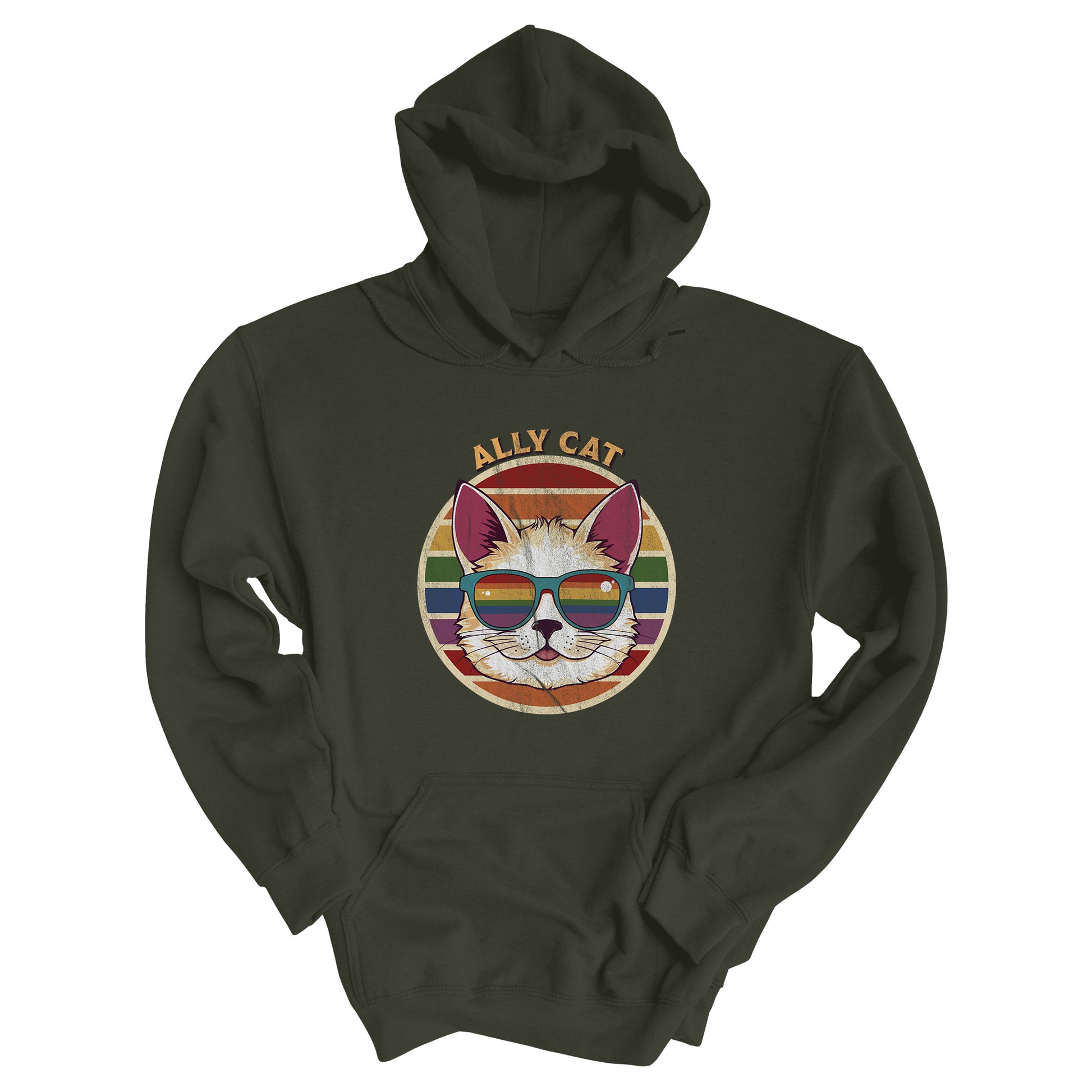 Military Green color unisex hoodie with a circular retro-inspired image of a cat wearing rainbow sunglasses with a retro sunset made from parallel lines behind it. The text reads “ALLY CAT” in all caps, arched over the image. The graphic has a retro, worn texture.