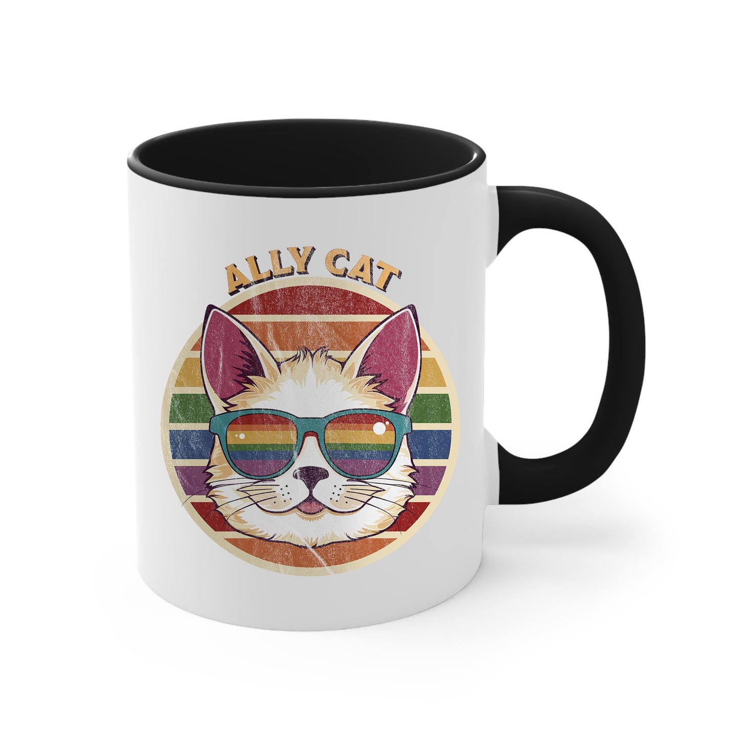 11oz ceramic mug with a black handle and interior with a circular retro-inspired image of a cat wearing rainbow sunglasses with a retro sunset made from parallel lines behind it. The text reads “ALLY CAT” in all caps, arched over the image. The graphic has a retro, worn texture.