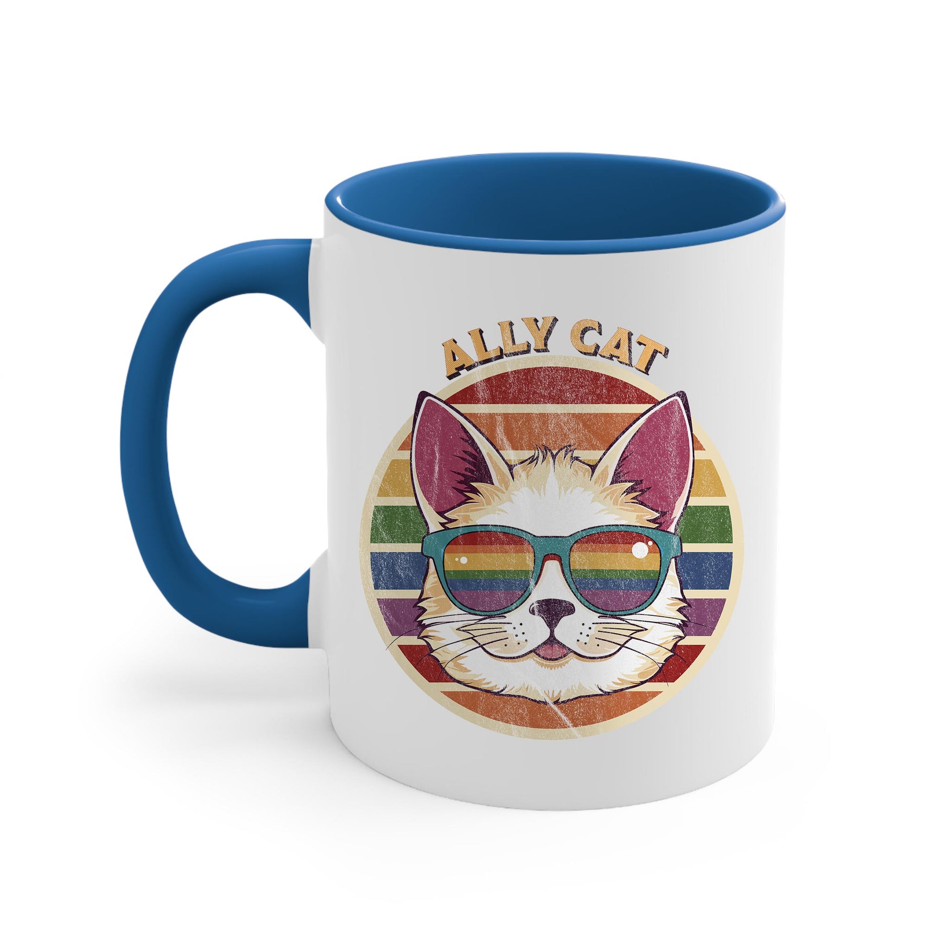 11oz ceramic mug with a blue color handle and interior with a circular retro-inspired image of a cat wearing rainbow sunglasses with a retro sunset made from parallel lines behind it. The text reads “ALLY CAT” in all caps, arched over the image. The graphic has a retro, worn texture.