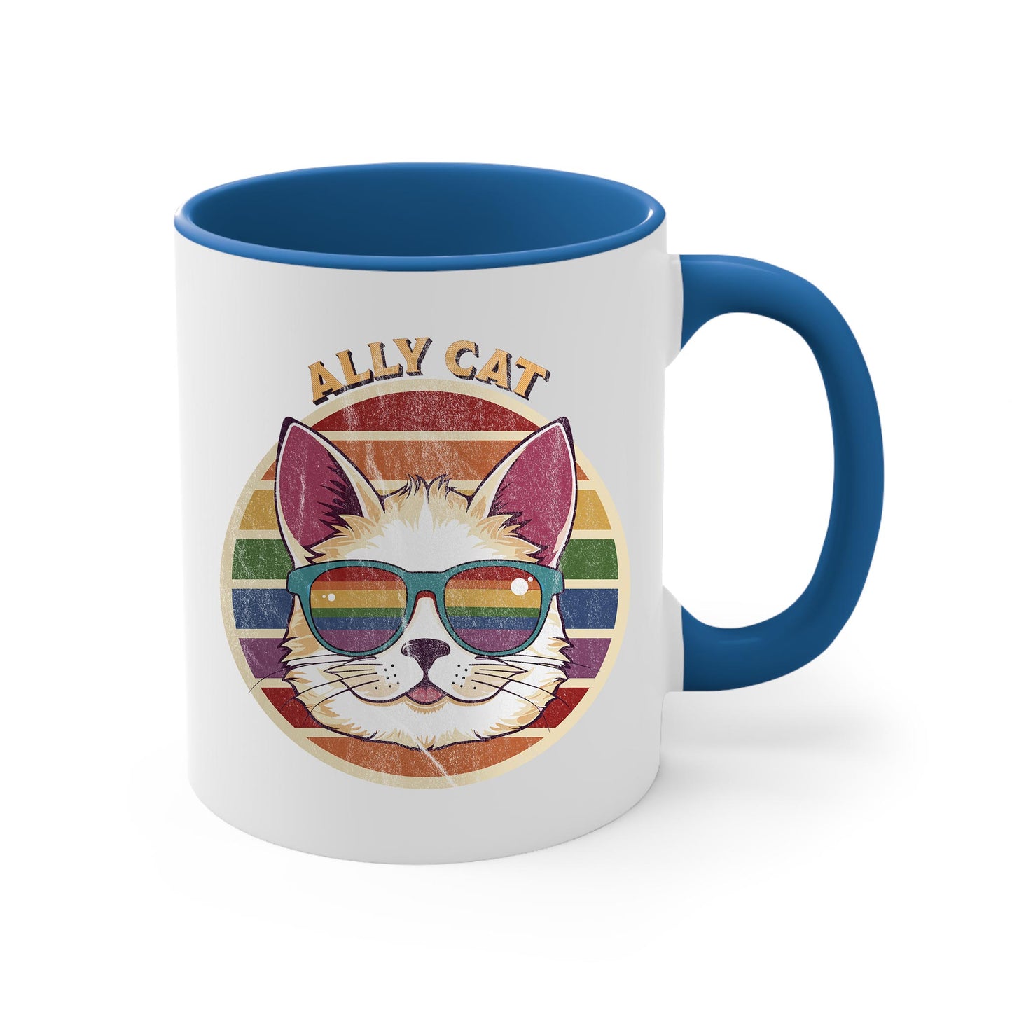 11oz ceramic mug with a blue color handle and interior with a circular retro-inspired image of a cat wearing rainbow sunglasses with a retro sunset made from parallel lines behind it. The text reads “ALLY CAT” in all caps, arched over the image. The graphic has a retro, worn texture.