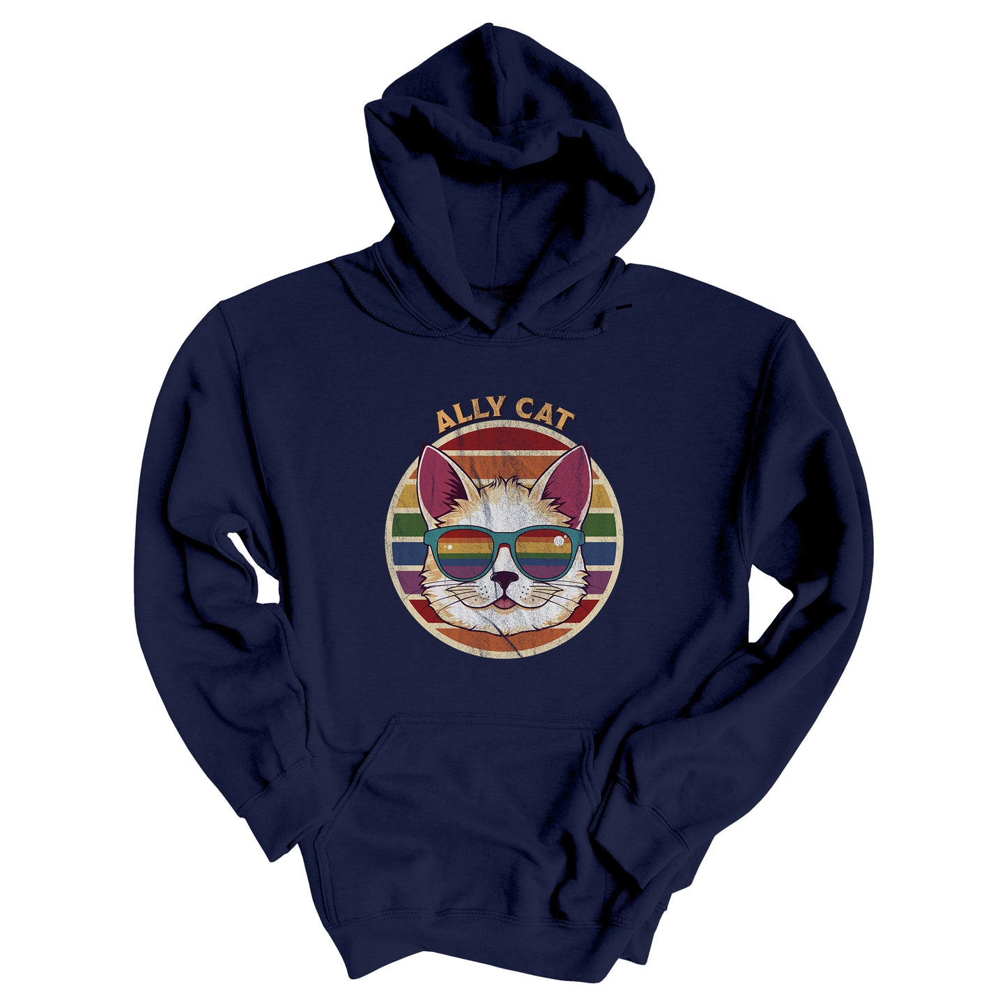 Navy unisex hoodie with a circular retro-inspired image of a cat wearing rainbow sunglasses with a retro sunset made from parallel lines behind it. The text reads “ALLY CAT” in all caps, arched over the image. The graphic has a retro, worn texture.