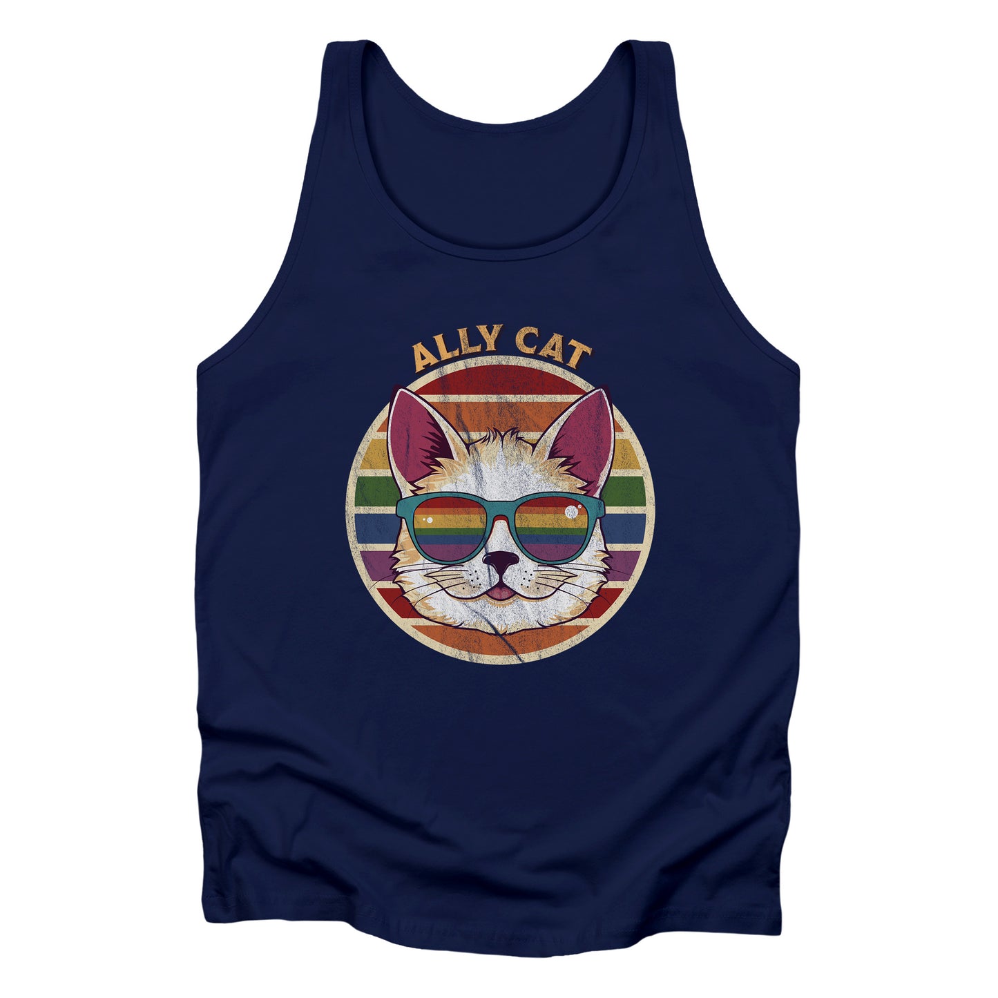 Navy Blue unisex tank top with a circular retro-inspired image of a cat wearing rainbow sunglasses with a retro sunset made from parallel lines behind it. The text reads “ALLY CAT” in all caps, arched over the image. The graphic has a retro, worn texture.