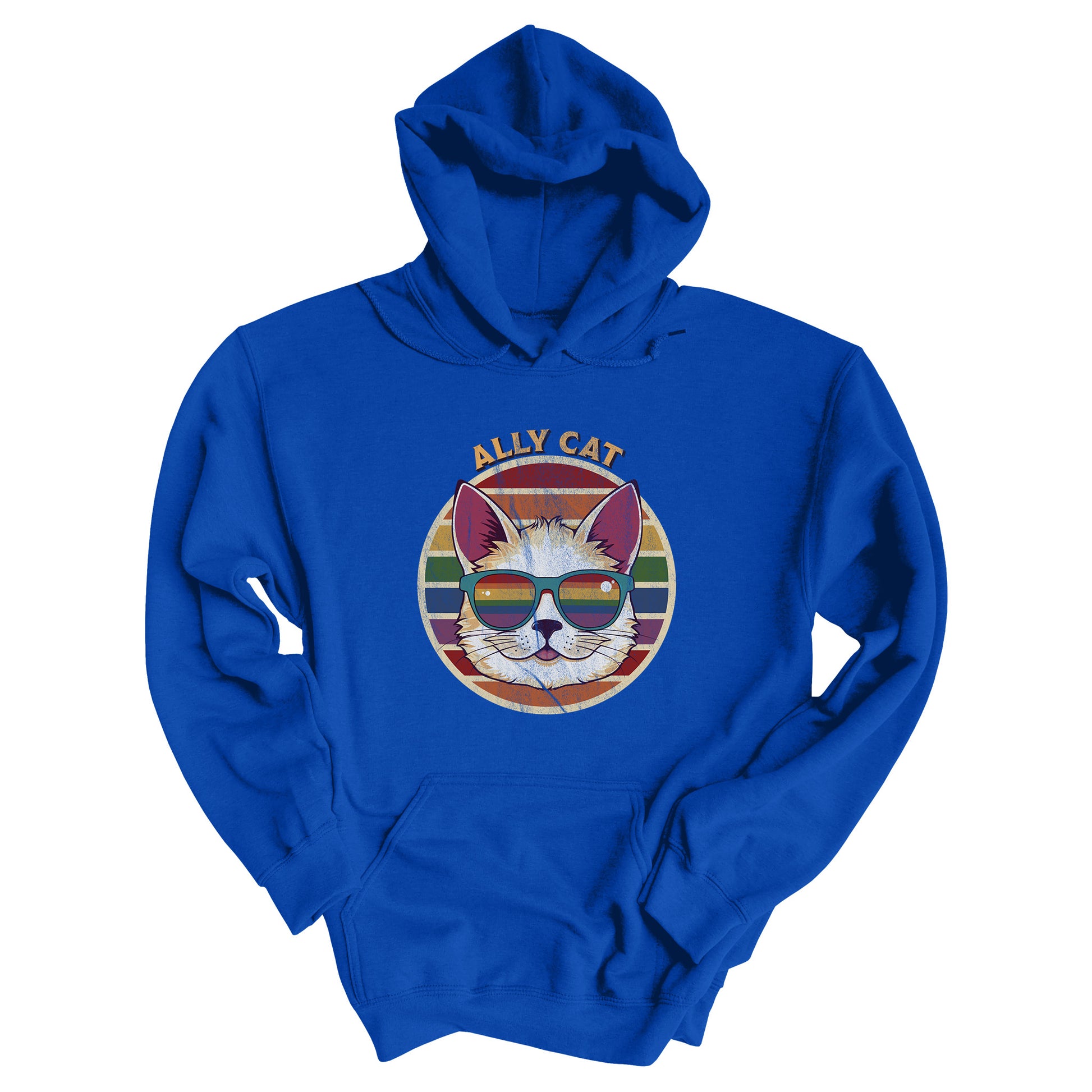 Royal color unisex hoodie with a circular retro-inspired image of a cat wearing rainbow sunglasses with a retro sunset made from parallel lines behind it. The text reads “ALLY CAT” in all caps, arched over the image. The graphic has a retro, worn texture.