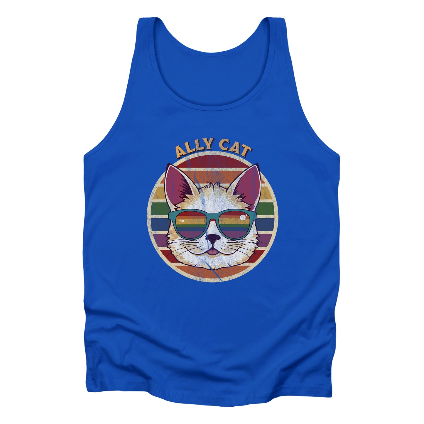 True Royal color unisex tank top with a circular retro-inspired image of a cat wearing rainbow sunglasses with a retro sunset made from parallel lines behind it. The text reads “ALLY CAT” in all caps, arched over the image. The graphic has a retro, worn texture.