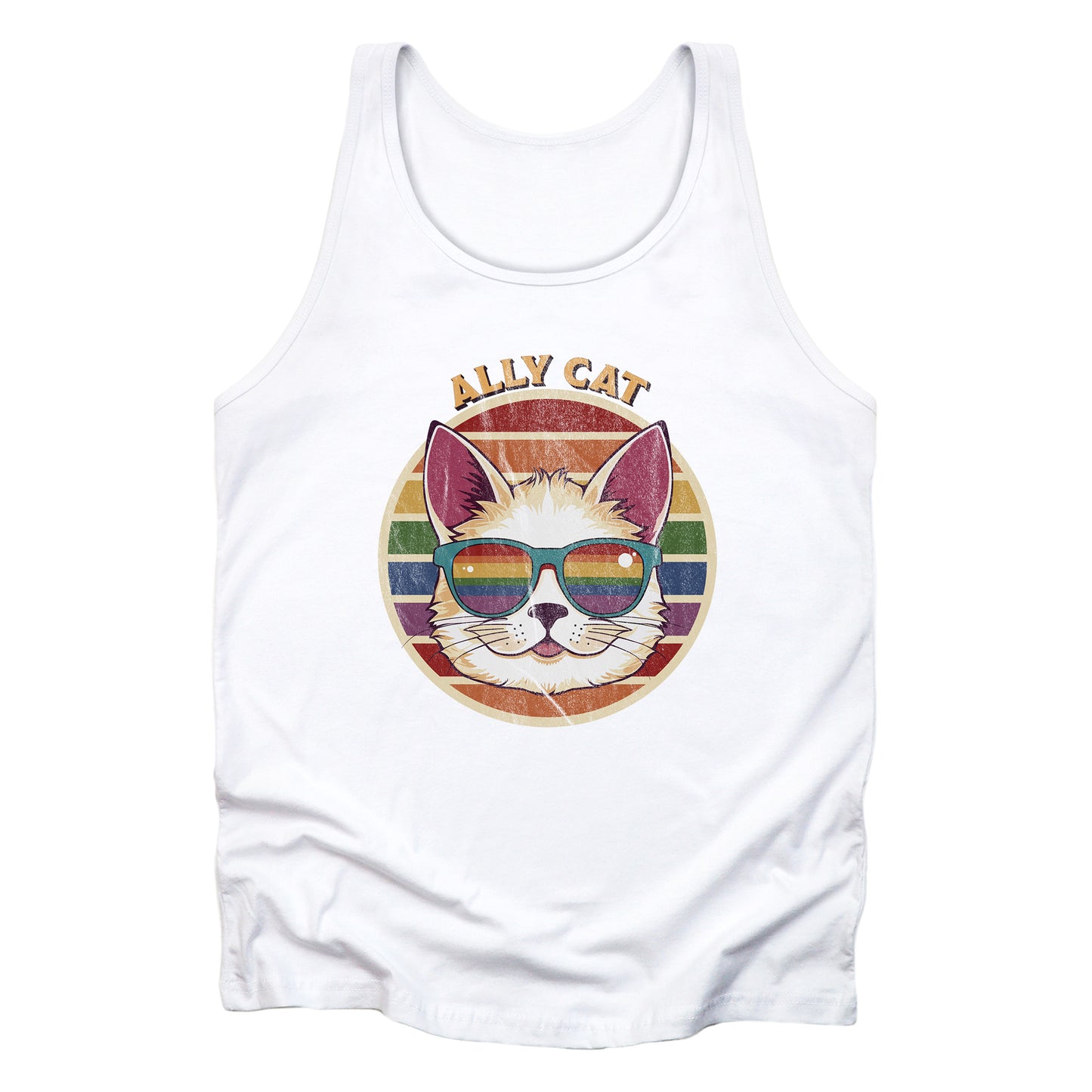 White unisex tank top with a circular retro-inspired image of a cat wearing rainbow sunglasses with a retro sunset made from parallel lines behind it. The text reads “ALLY CAT” in all caps, arched over the image. The graphic has a retro, worn texture.