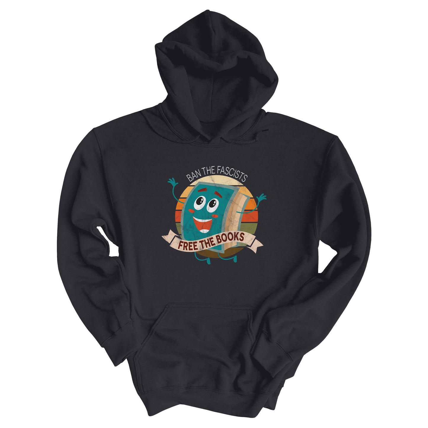 Charcoal unisex hoodie with a graphic that says “Ban the Fascists, Free the Books” with a vintage illustration of a cartoon book leaping for joy. There is a circle of vintage-colored stripes behind it. 