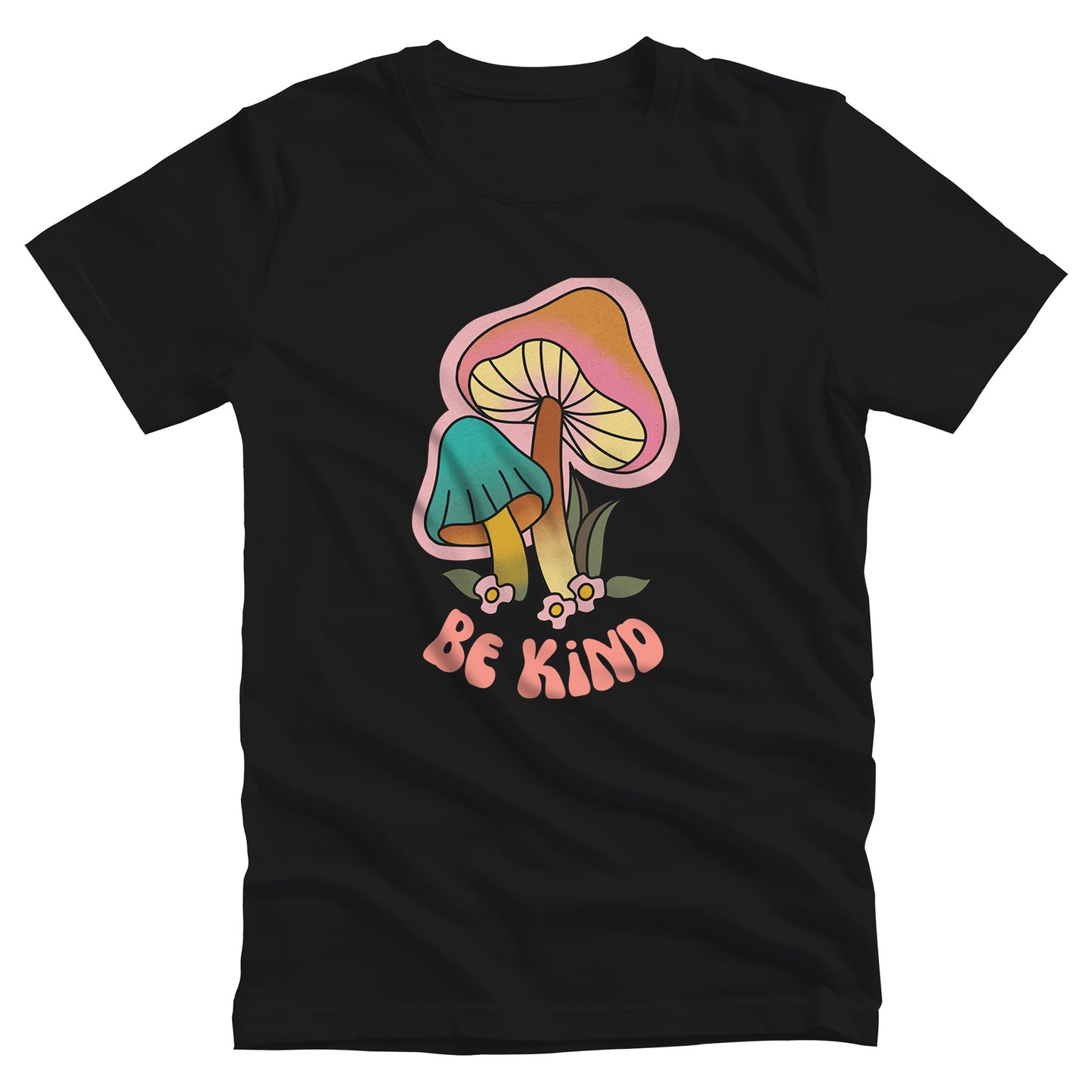 Black unisex t-shirt that says “Be Kind” in a retro font with two retro mushrooms above the text. The text is slightly arched down.