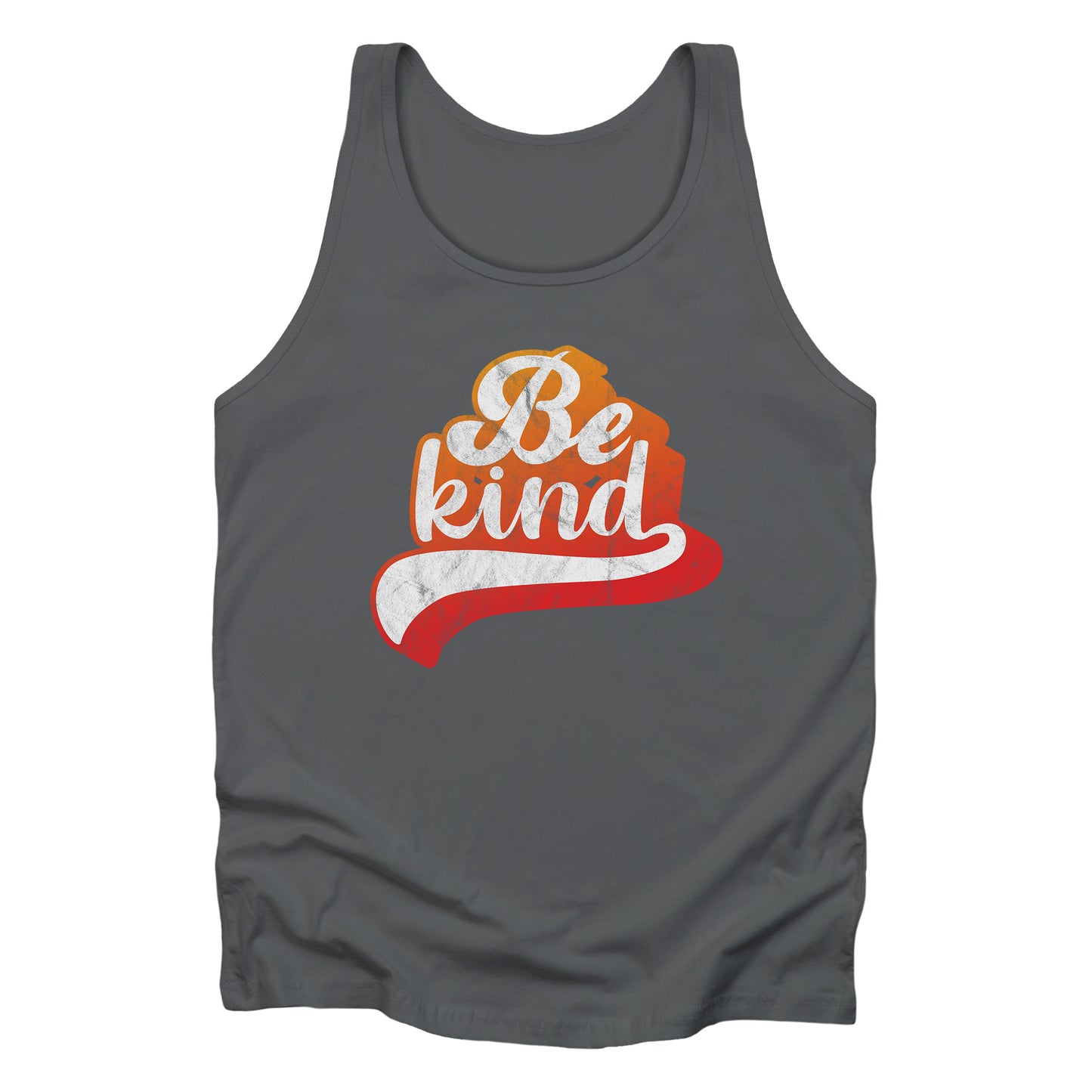 Asphalt color unisex tank top that says, “Be Kind” in a script font that is an orange gradient color. The “d” has a unique swoosh glyph extending below the word, adding a dynamic and flowing aesthetic to the text.