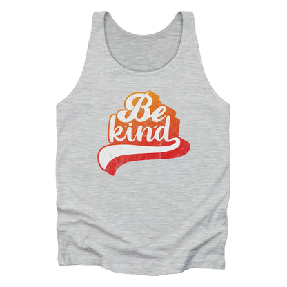 Athletic Heather color unisex tank top that says, “Be Kind” in a script font that is an orange gradient color. The “d” has a unique swoosh glyph extending below the word, adding a dynamic and flowing aesthetic to the text.