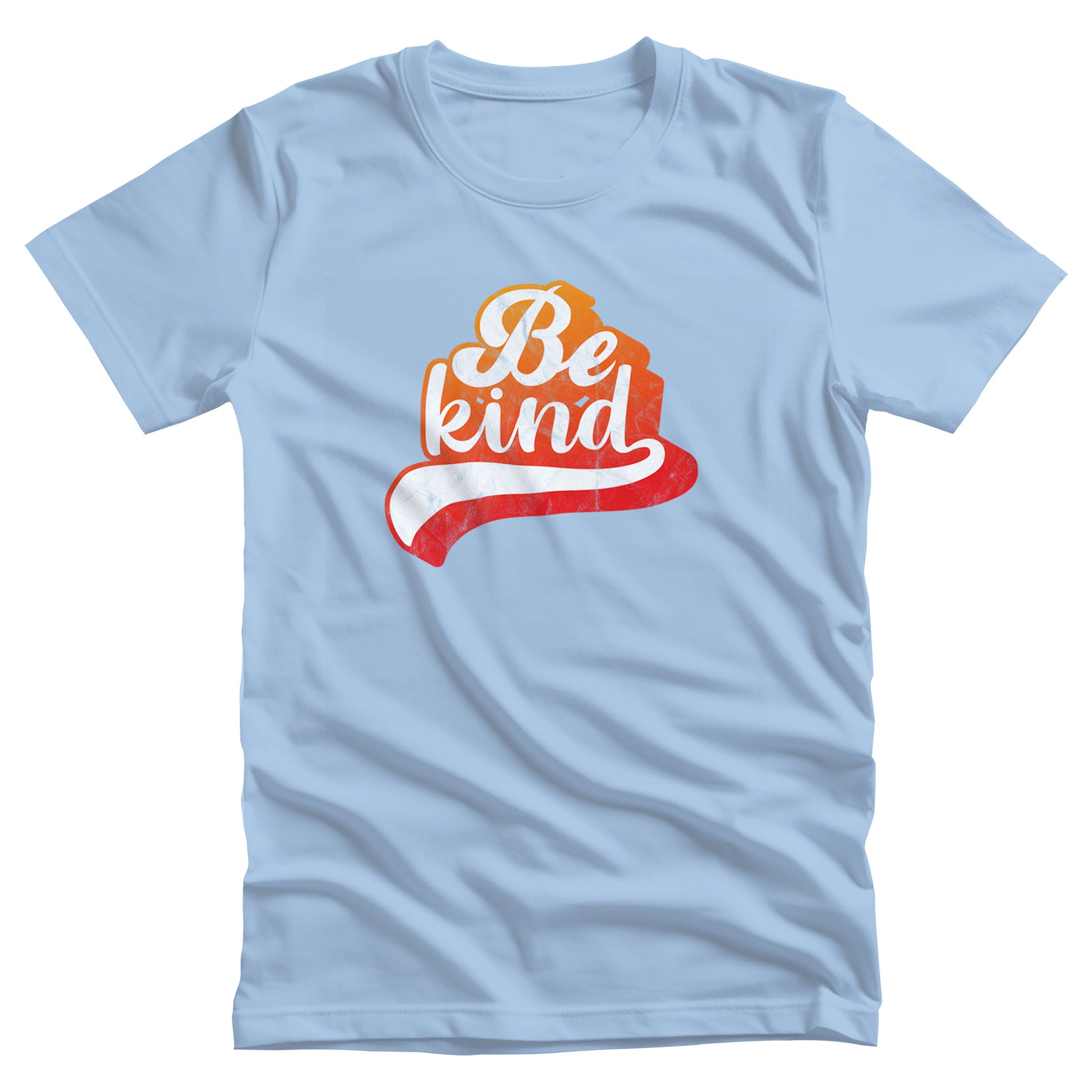 Baby Blue color unisex t-shirt that says, “Be Kind” in a script font that is an orange gradient color. The “d” has a unique swoosh glyph extending below the word, adding a dynamic and flowing aesthetic to the text.