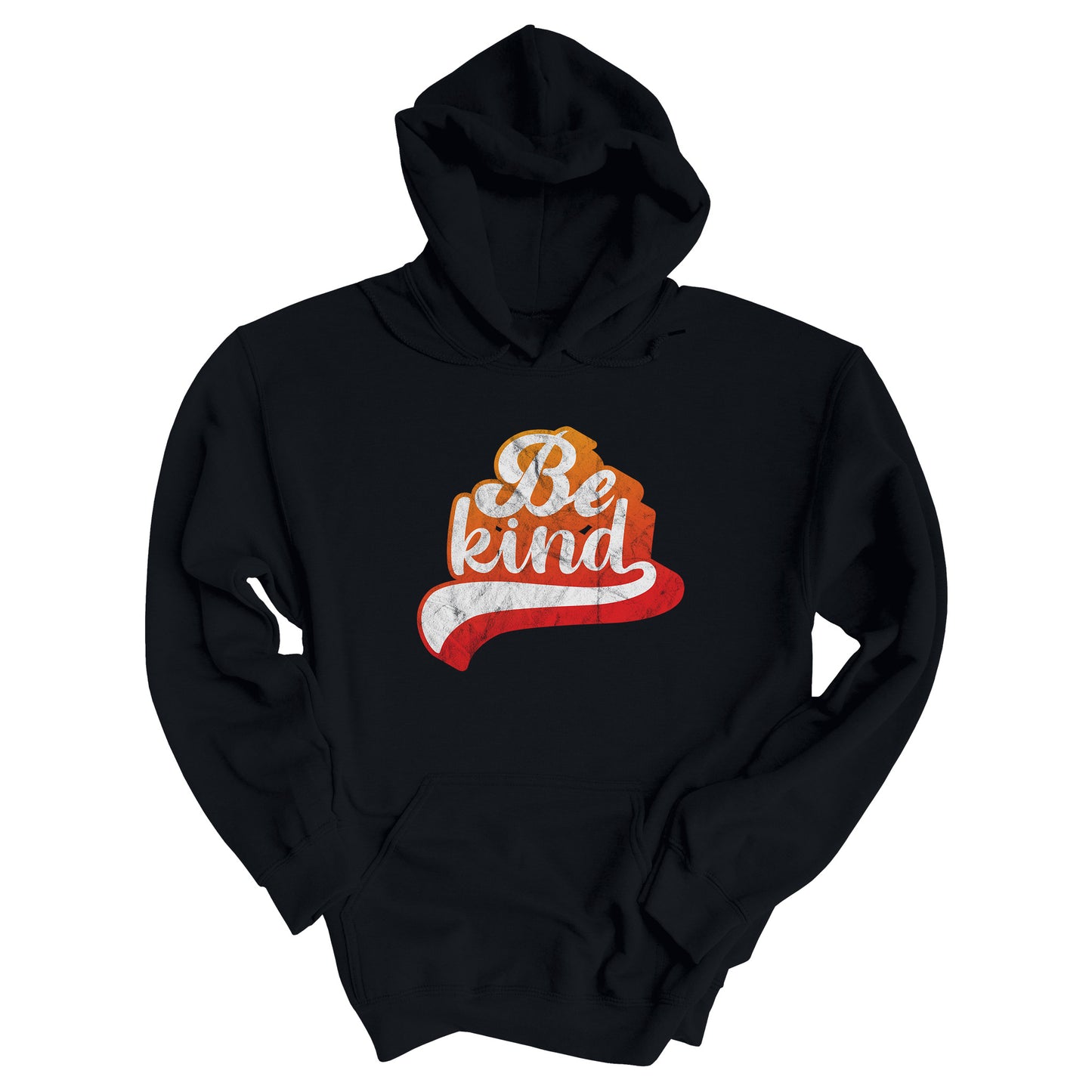 Black hoodie that says, “Be Kind” in a script font that is an orange gradient color. The “d” has a unique swoosh glyph extending below the word, adding a dynamic and flowing aesthetic to the text.