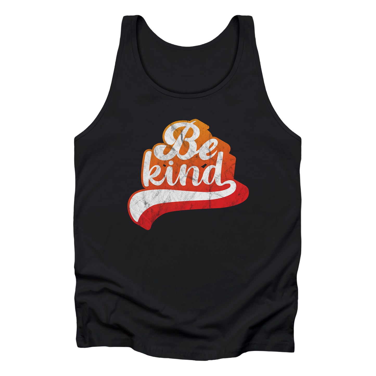 Black unisex tank top that says, “Be Kind” in a script font that is an orange gradient color. The “d” has a unique swoosh glyph extending below the word, adding a dynamic and flowing aesthetic to the text.