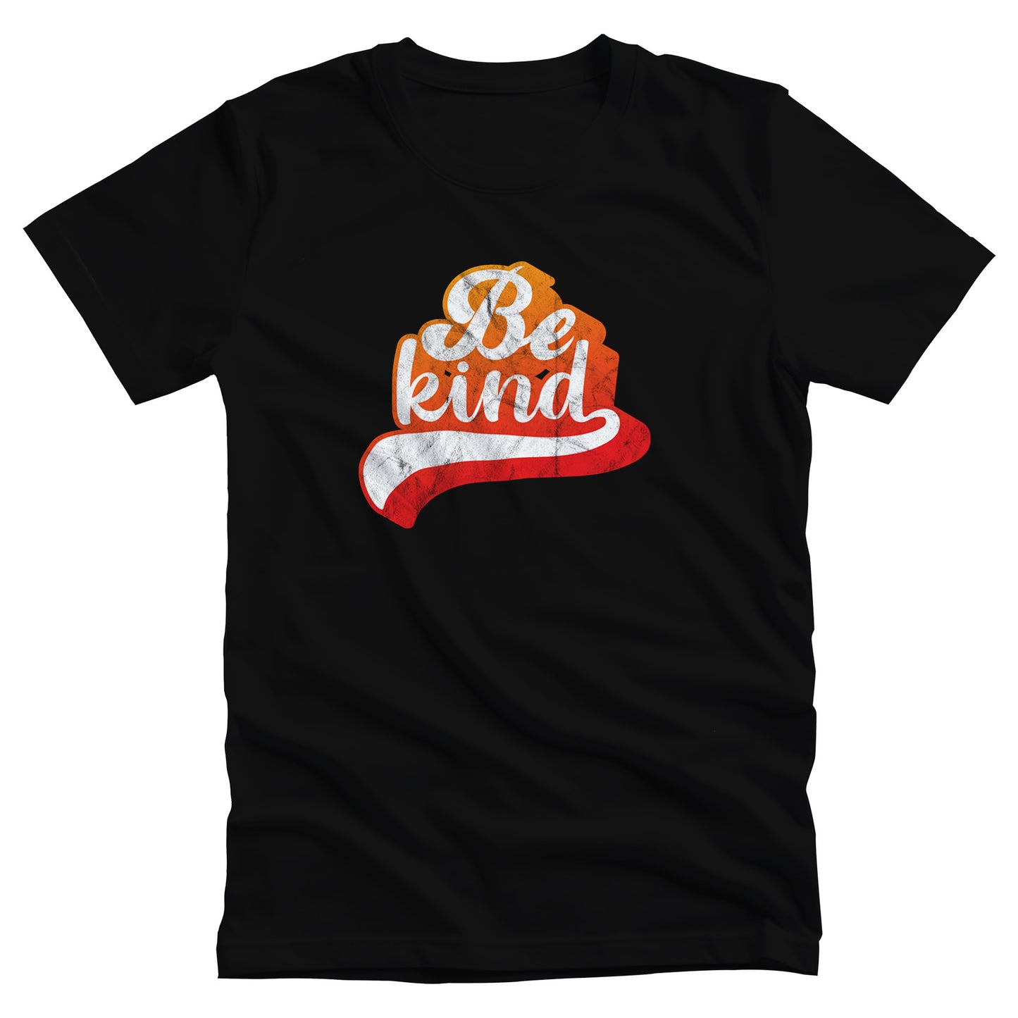 Black unisex t-shirt that says, “Be Kind” in a script font that is an orange gradient color. The “d” has a unique swoosh glyph extending below the word, adding a dynamic and flowing aesthetic to the text.