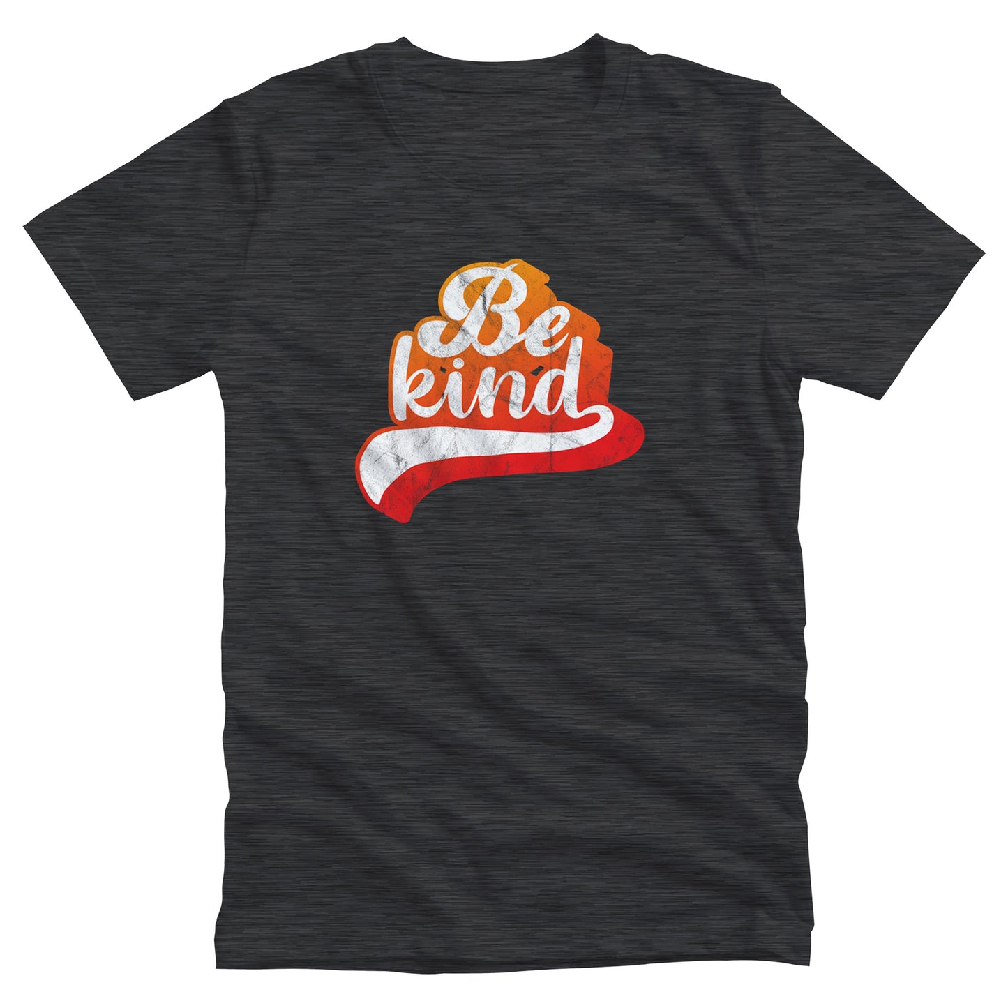 Dark Grey Heather color unisex t-shirt that says, “Be Kind” in a script font that is an orange gradient color. The “d” has a unique swoosh glyph extending below the word, adding a dynamic and flowing aesthetic to the text.